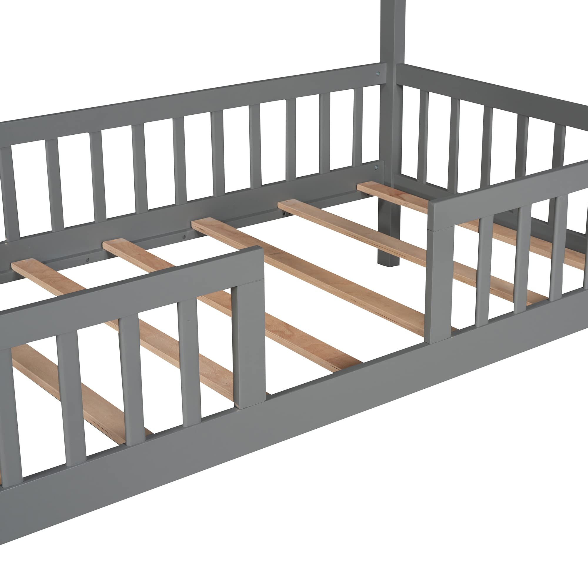 Montessori Twin House Bed for Kids - Solid Wood Playhouse Bed with Fence & Roof - Toddler & Teen Bed Frame for Boys & Girls (Gray) - Perfect for Bedroom, Playroom & Montessori Learning Spaces
