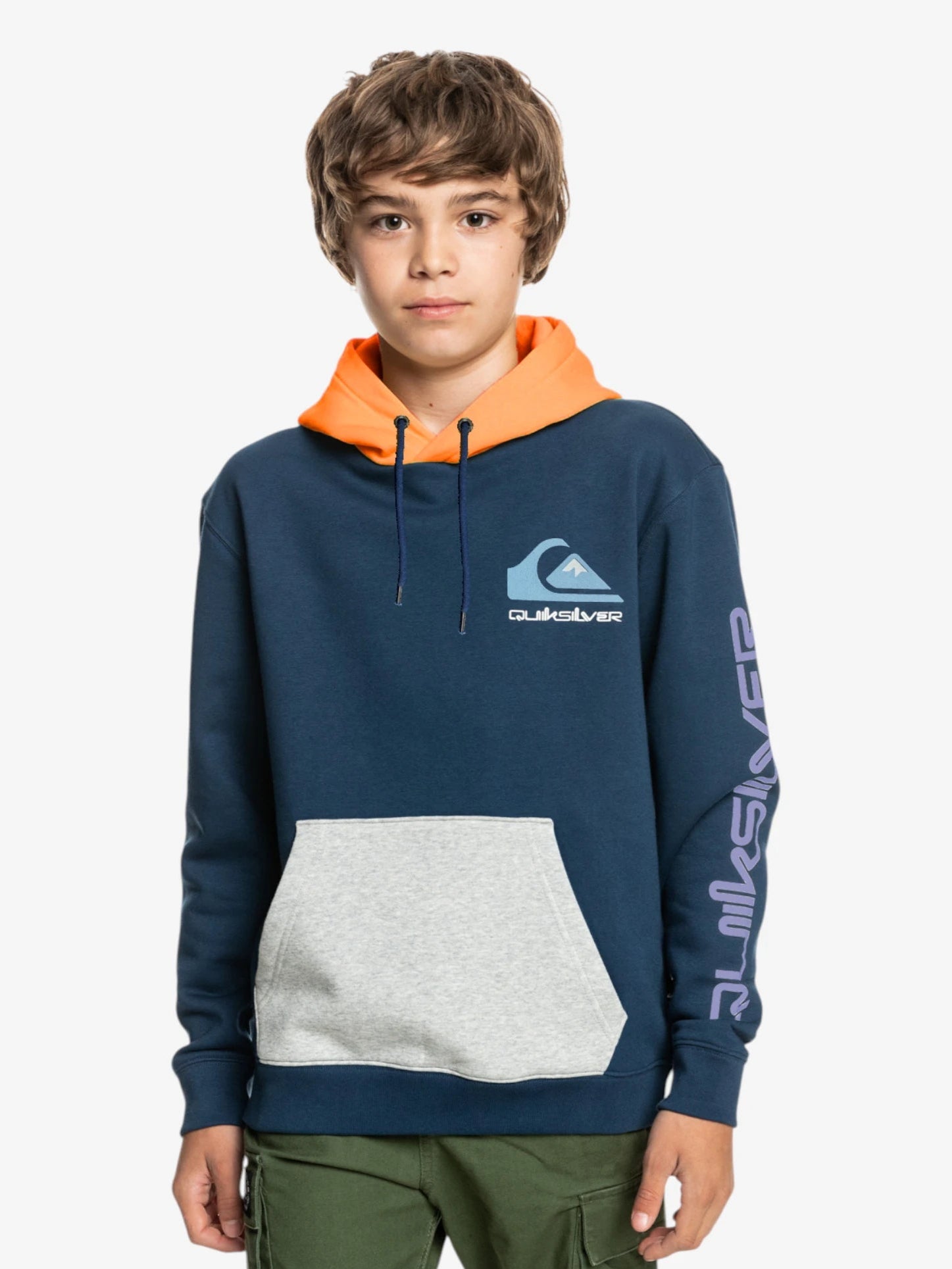 Quiksilver Omni Logo Block Hoodie for Kids - Brown, Blue & Gray | Warm & Comfortable Pullover for Boys & Girls | Perfect for School, Play & Outdoor Activities