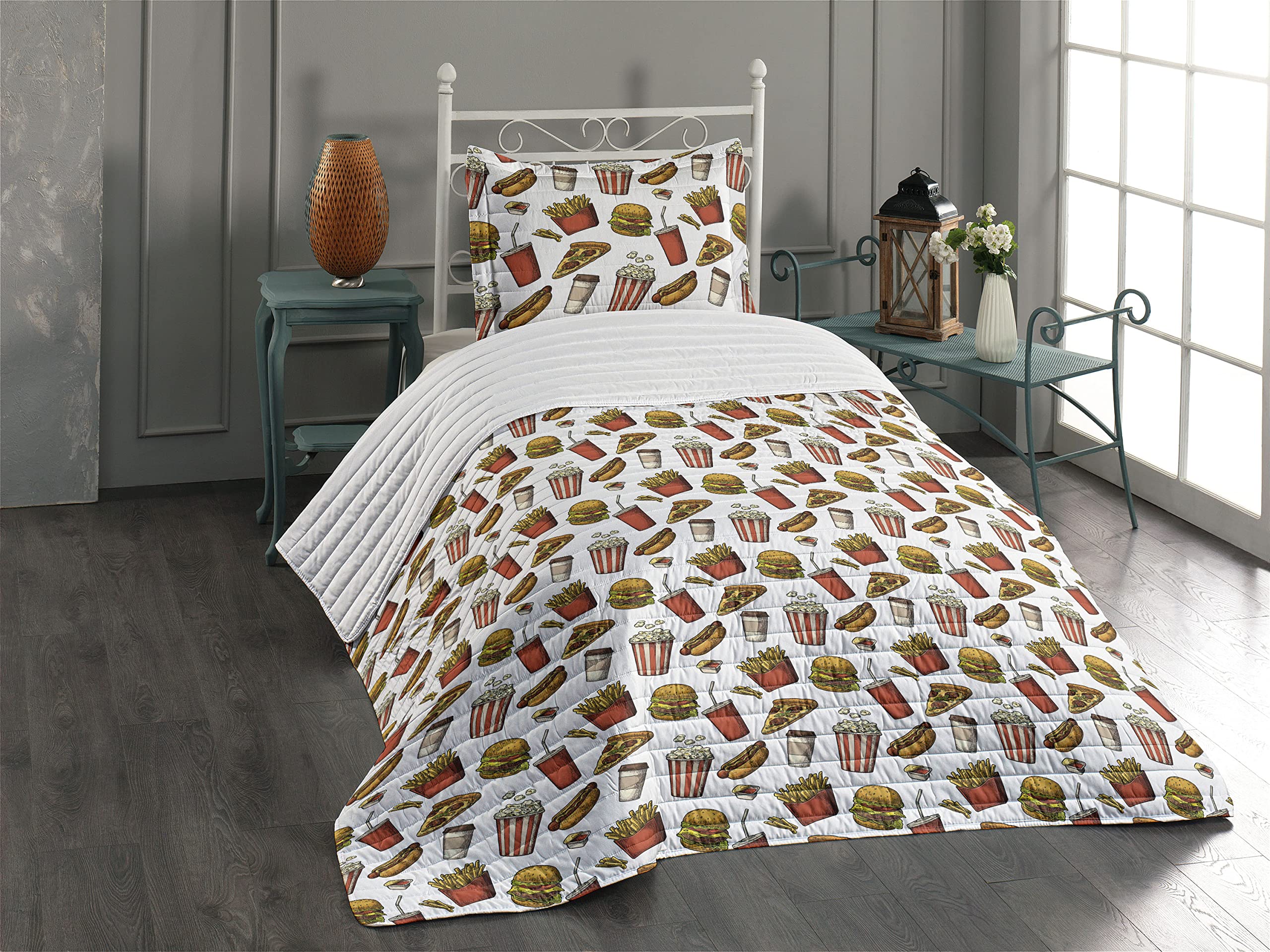 Ambesonne Fast Food Themed Microfiber Bedding Set - Burgers, Popcorn, Pizza, Ketchup & Fries Print - Soft Twin Size Comforter with Pillow Sham - Vibrant Multicolor Design for Teen & Dorm Room Decor