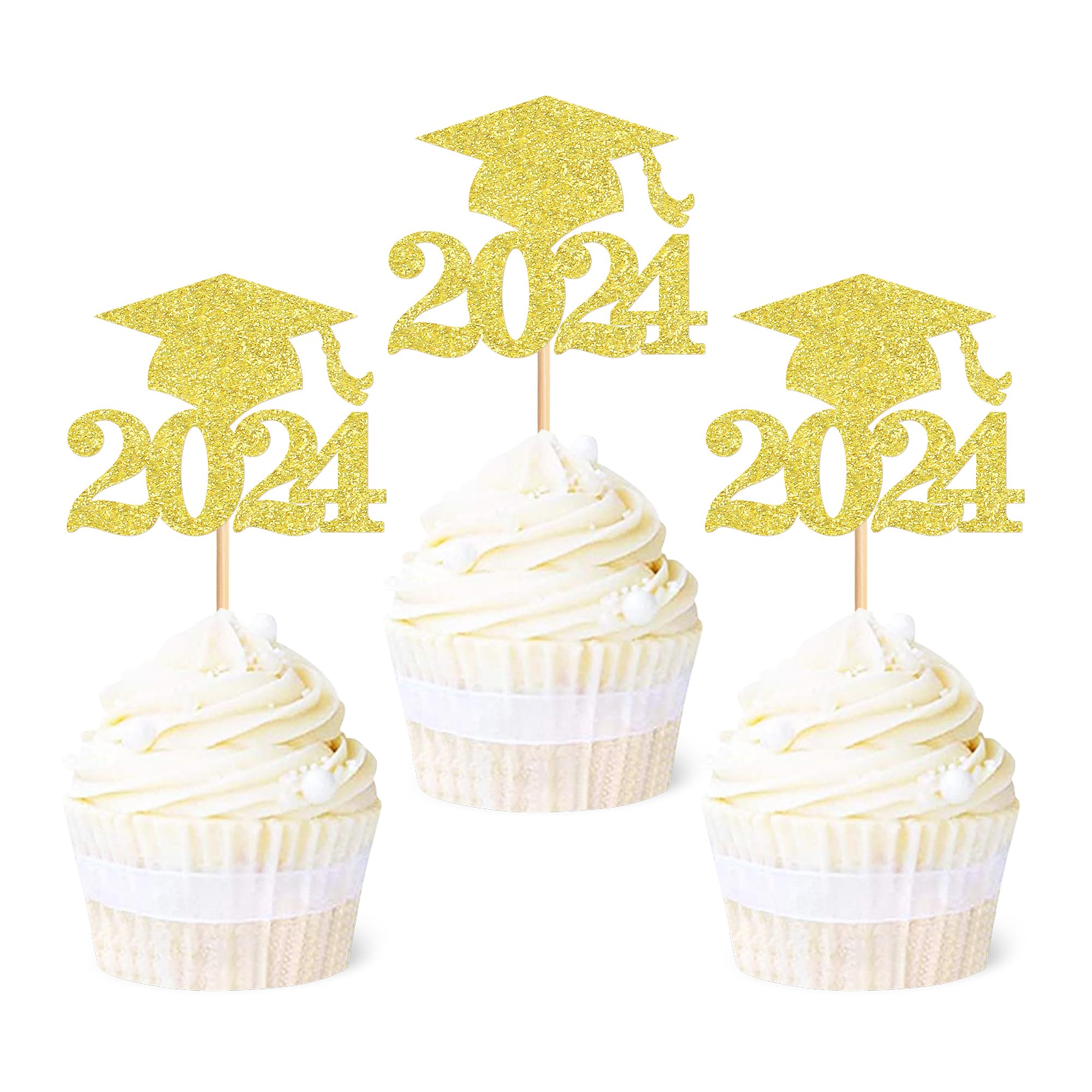 36 Pack Gold Glitter Graduation Cupcake Toppers - Class of 2024 Grad Cap Cake Decorations for Graduation Party Supplies | Perfect for Graduation Cakes, Cupcakes, Desserts and Celebration Decor