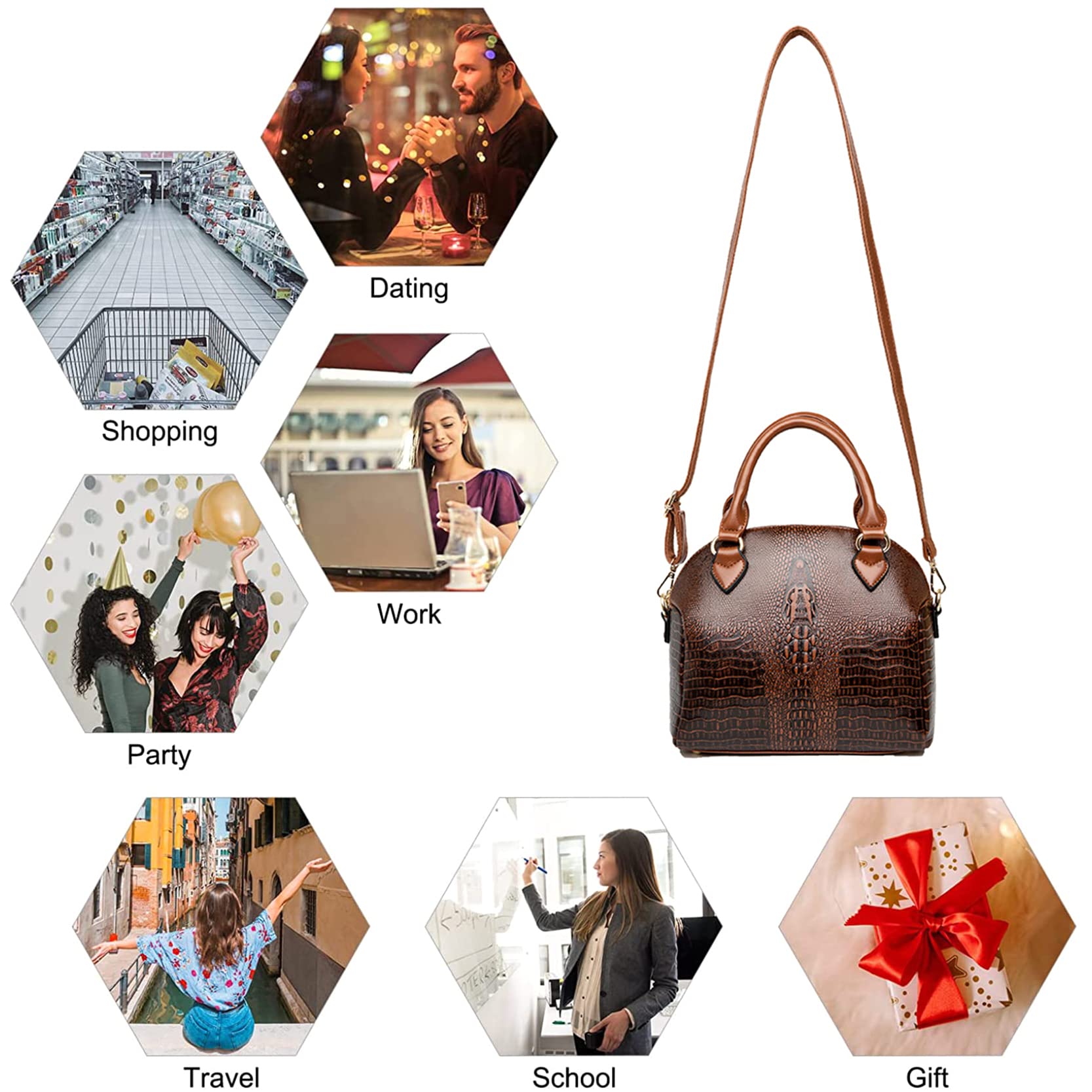 Luxury Women's Crocodile Embossed Leather Handbag - Elegant Dome Satchel with Top Handle & Crossbody Strap - Perfect for Work, Travel & Evening Events