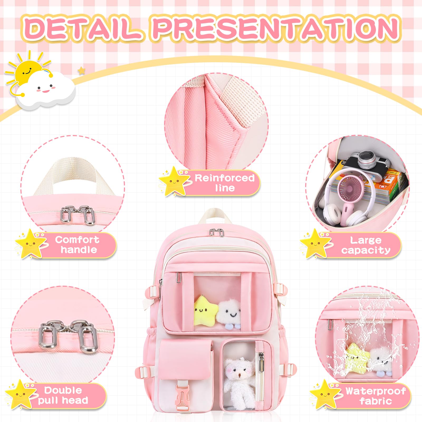 Kawaii Clear Backpack 5-Piece Set for School - Cute Aesthetic Preppy Backpack with Pendant for Girls & Boys (Cream Pink) | Perfect for Elementary Students, School Supplies, and Trendy Fashion Accessories