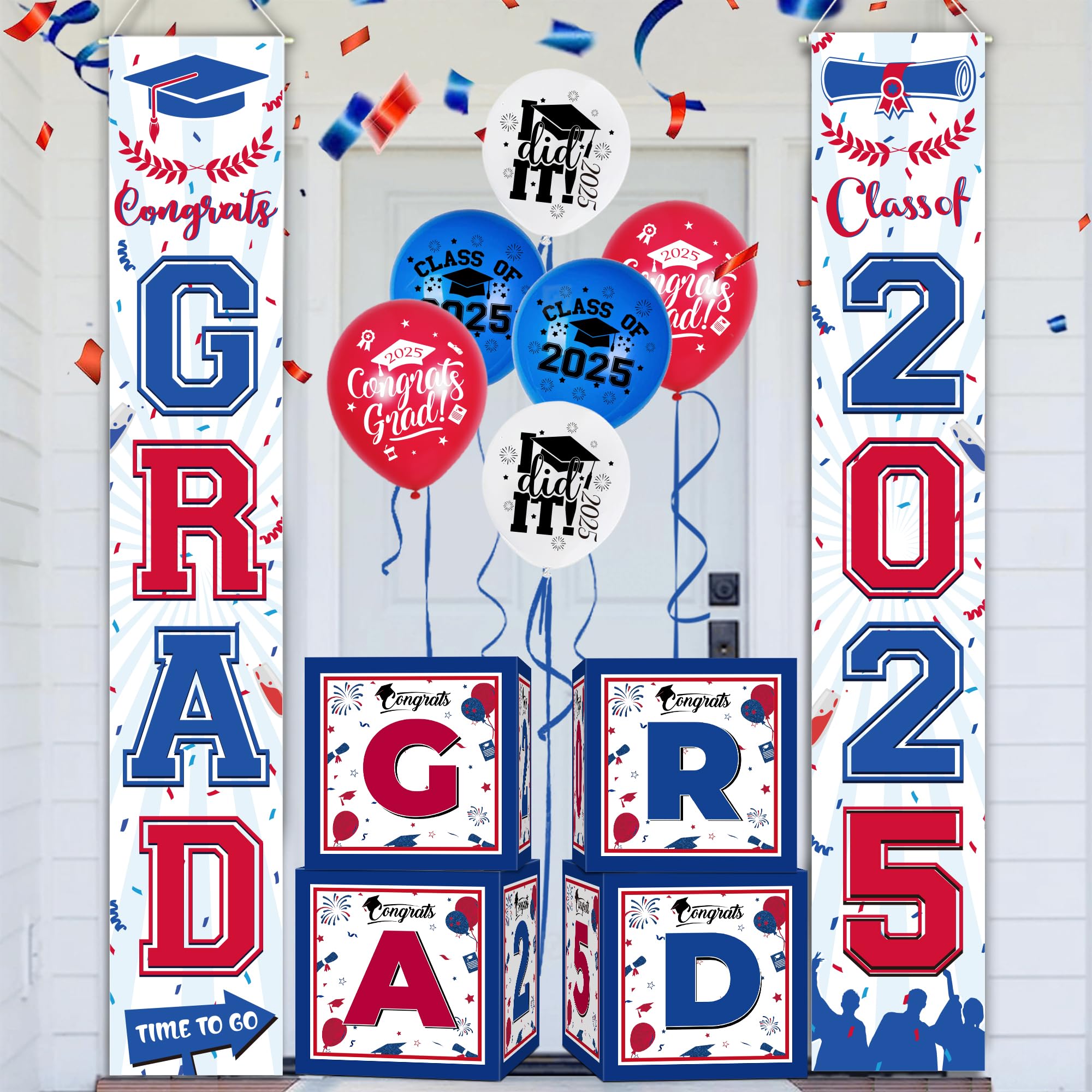 2025 Graduation Balloon Decorations - 4 Pcs Red & Blue Graduation Balloon Boxes for High School & College Graduation Party Supplies | Perfect for Class of 2025 Decor, Graduation Ceremony & Celebration Decorations