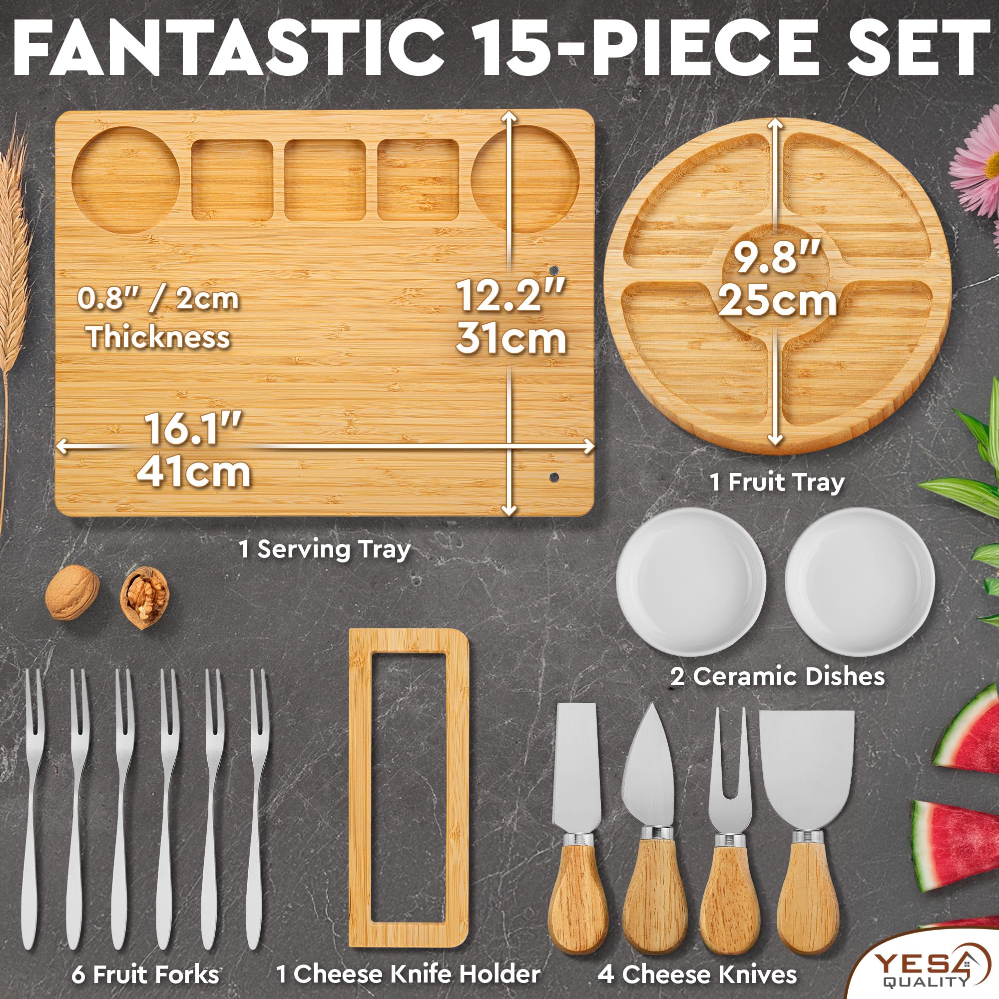 Premium Bamboo Charcuterie Board Set - 15-Piece Large Cheese & Fruit Serving Tray with Magnetic Knife Holder, Forks & Ceramic Dishes - Perfect for Birthday Gifts, Dinner Parties & Entertaining