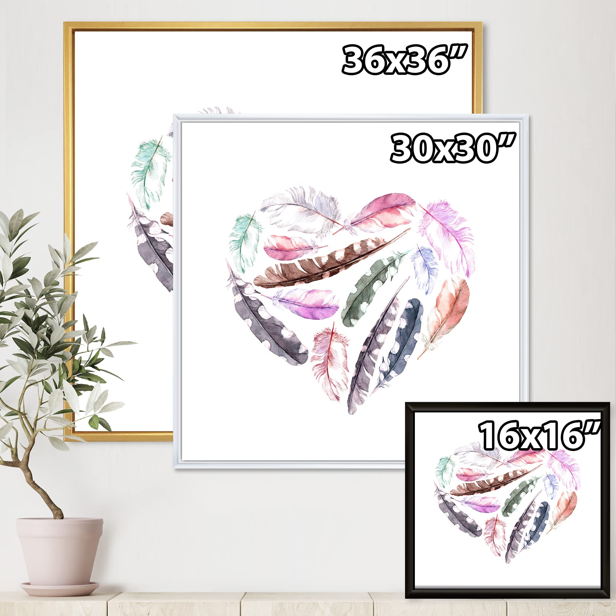 DesignQ Retro Heart with Pink Bird Feathers - Bohemian & Eclectic Framed Canvas Wall Art Print - Perfect for Living Room, Bedroom & Boho Home Decor