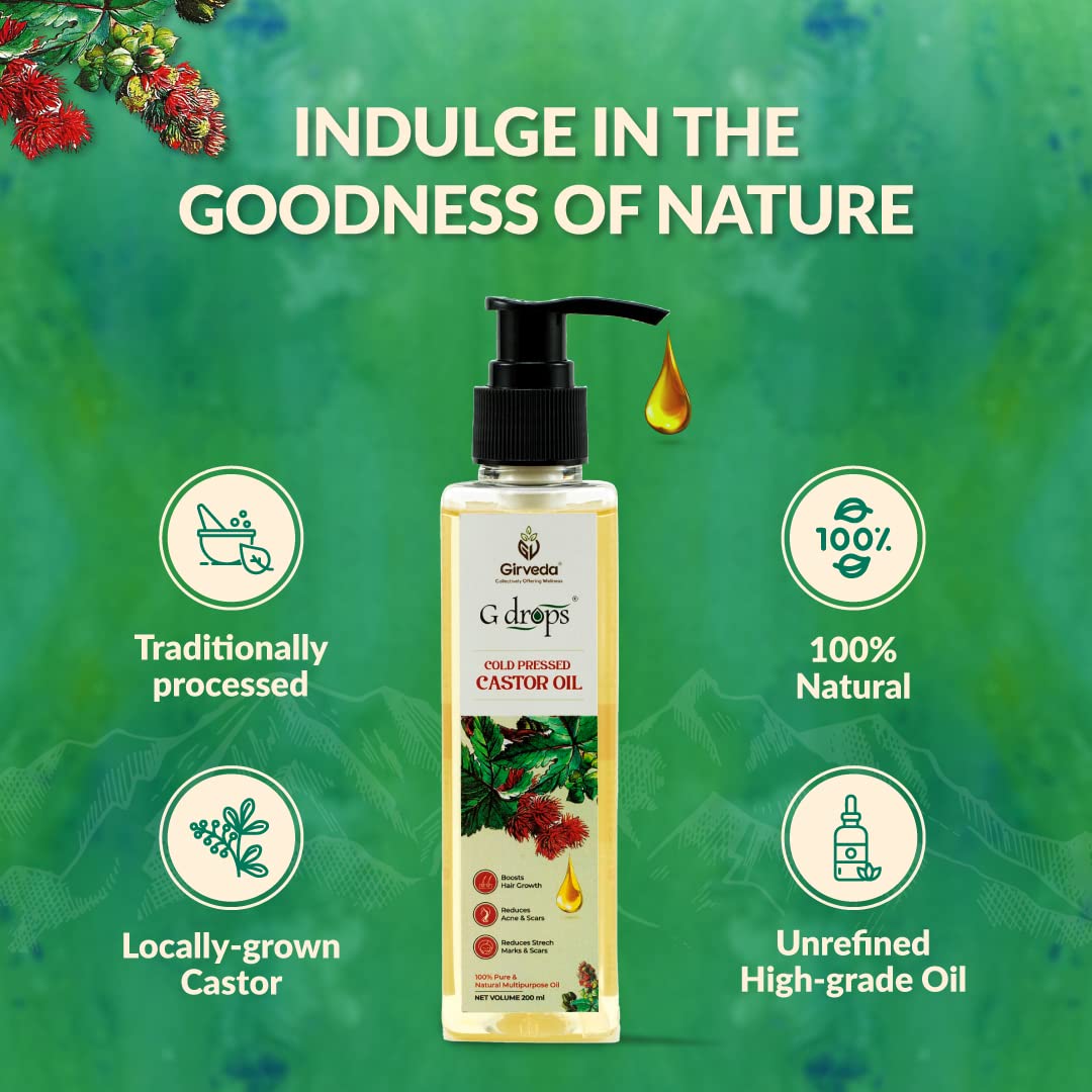 100% Organic Cold Pressed Pure Castor Oil for Hair Growth, Eyelashes & Skin Care - 200ml | Natural Hair Oil for Thicker Hair, Longer Lashes & Healthy Skin | Perfect for Daily Hair Treatment & Beauty Routine