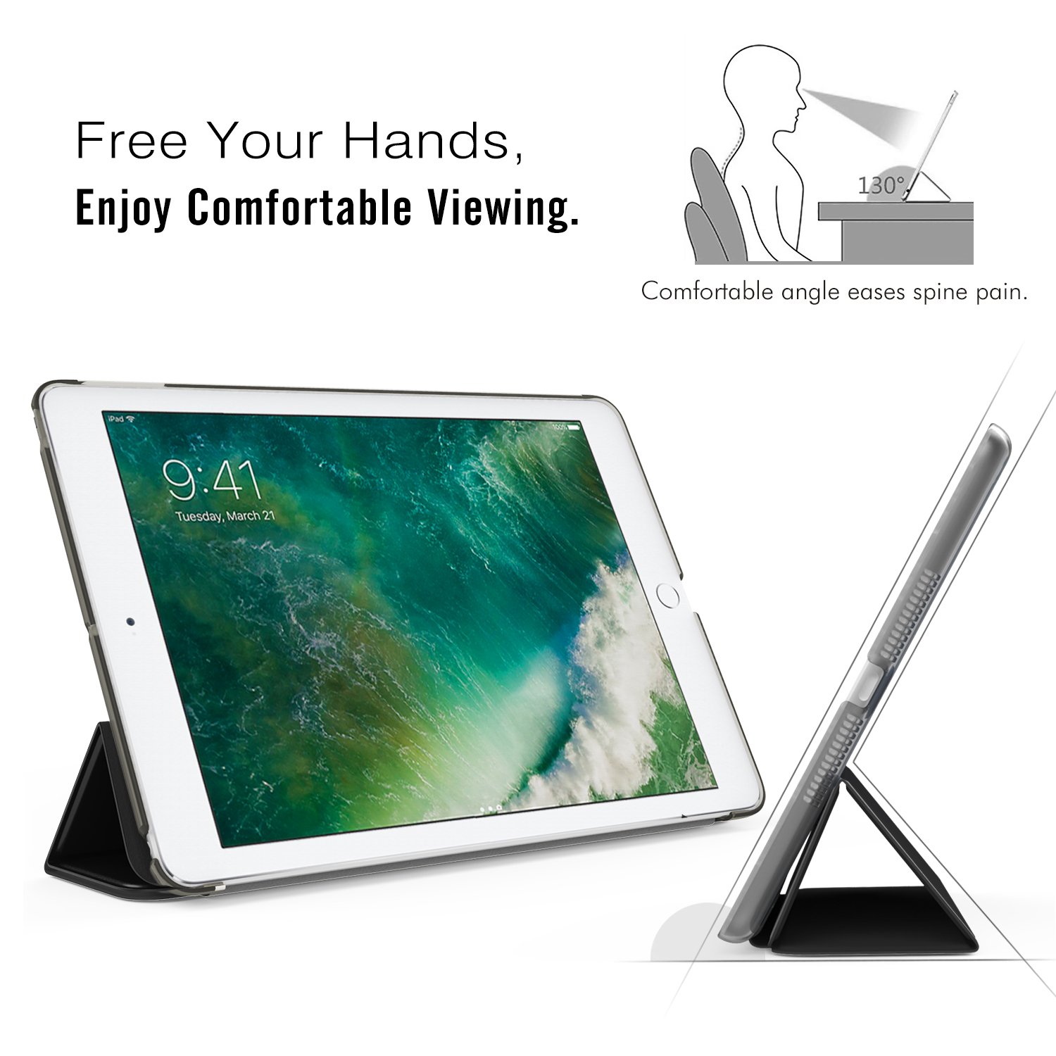 MoKo Slim Lightweight Smart Shell Stand Cover for iPad 9.7 Inch (6th/5th Gen 2018/2017) - Translucent Frosted Back Protector with Auto Wake/Sleep - Perfect for Work, School & Travel - Black