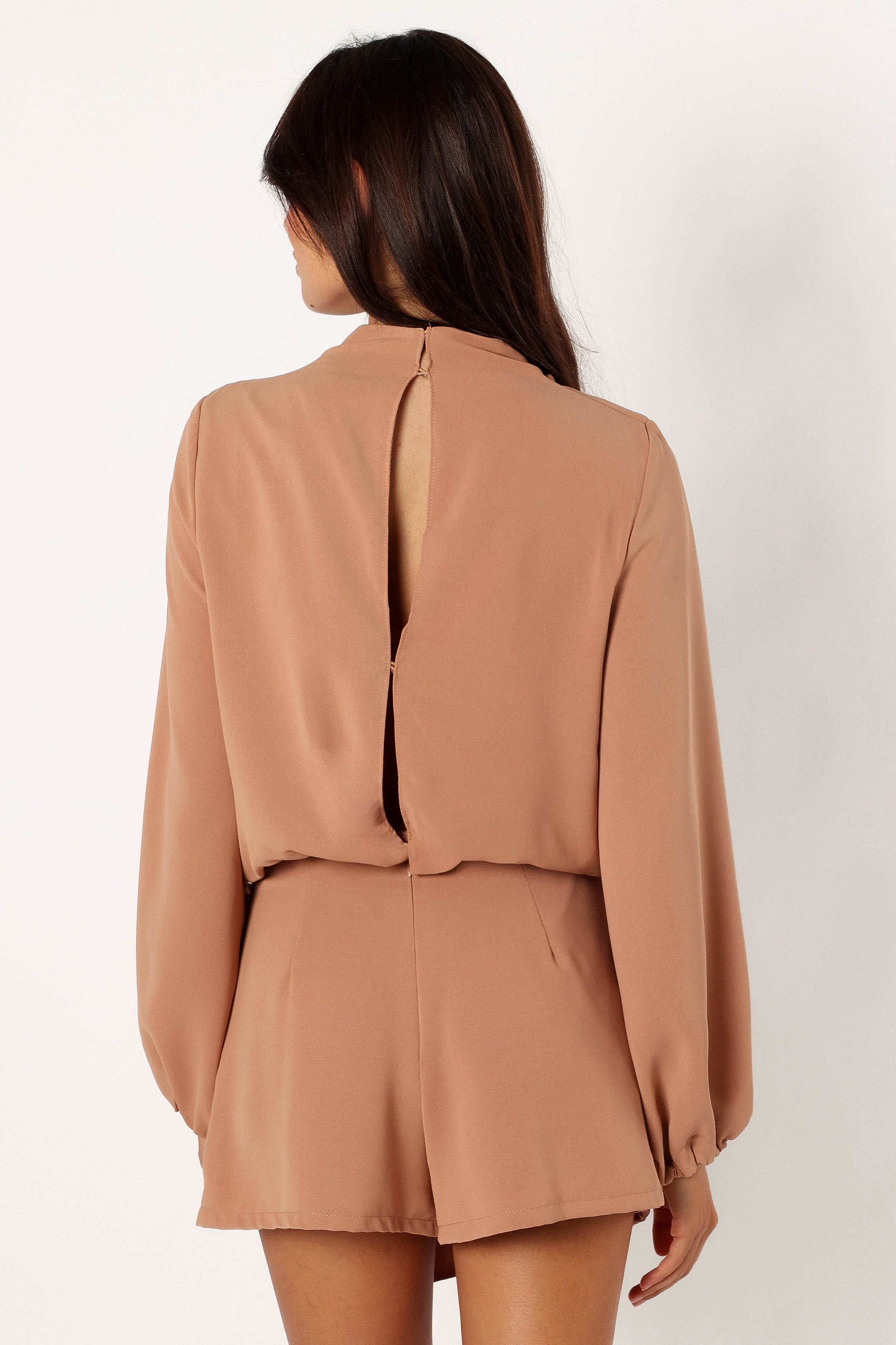 Galen Women's Long Sleeve Romper Jumpsuit - Mocha Brown Casual Outfit for Fall, Date Night & Office Wear