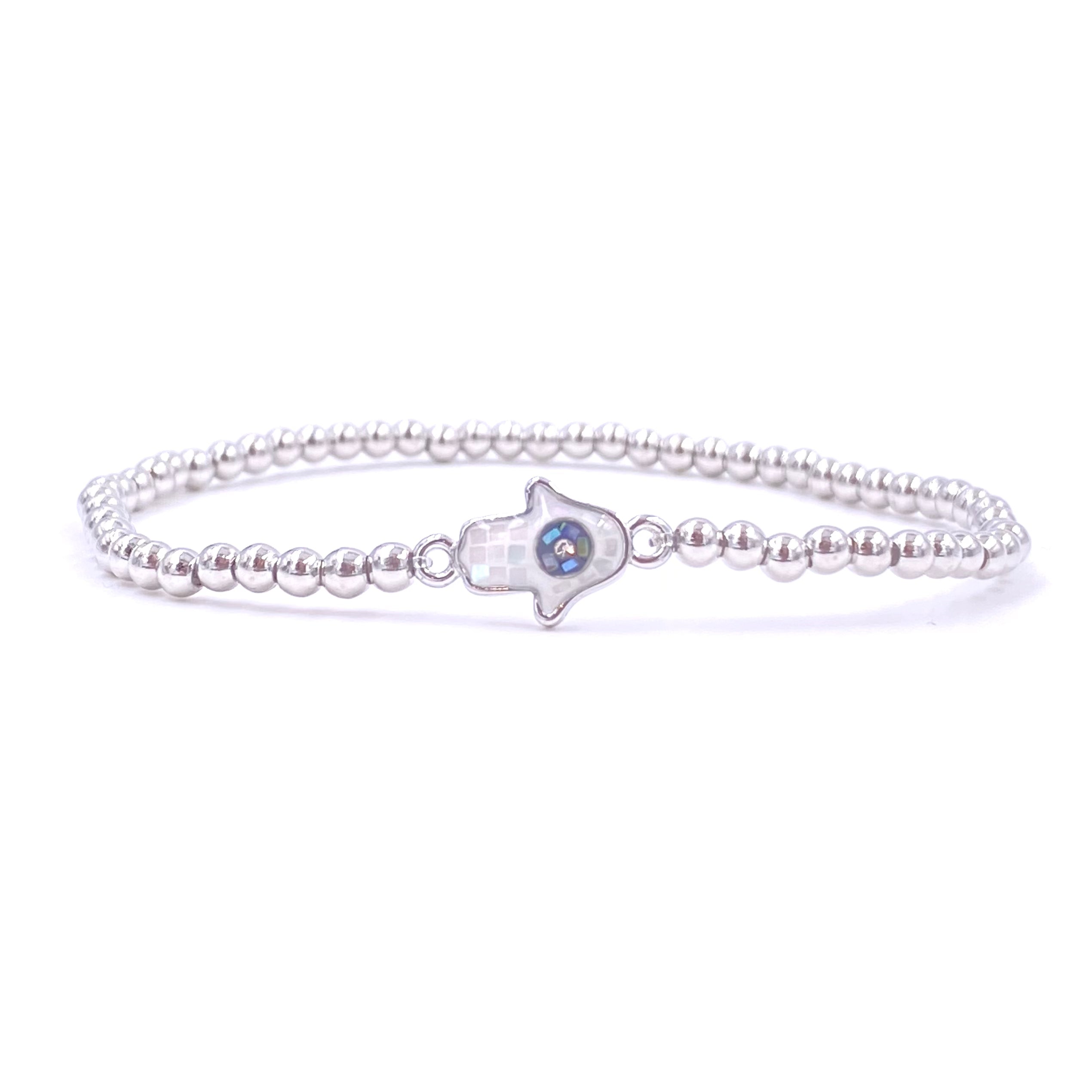 Ashley Gold Stainless Steel Fused Glass Hamsa Hand Evil Eye Stretch Bracelet - Spiritual Protection Jewelry for Women, Gift for Yoga & Meditation