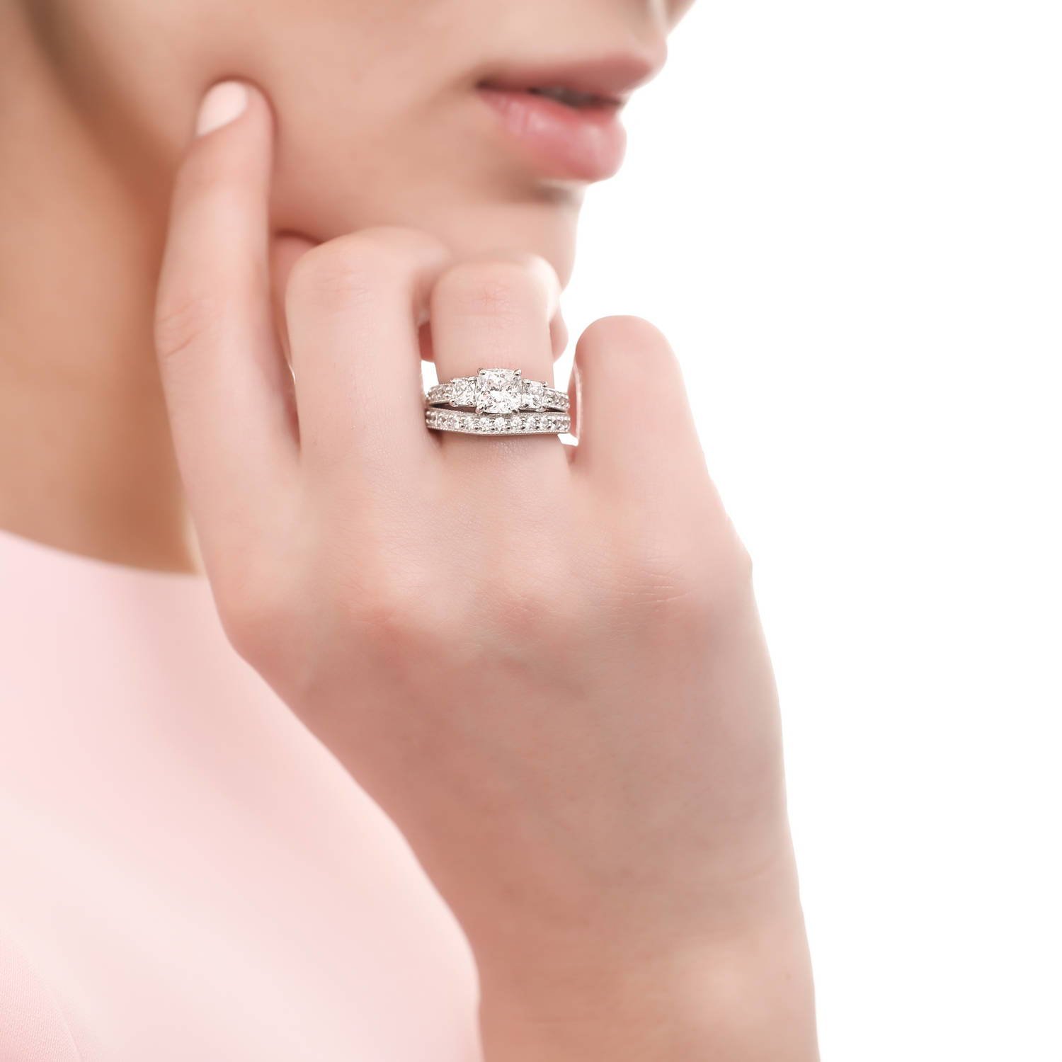 BERRICLE Sterling Silver 3-Stone Wedding Engagement Ring Set for Women - 1.5 Carat Cushion Cut Cubic Zirconia CZ, Rhodium Plated, Size 4-10 - Perfect for Proposals, Anniversaries & Special Occasions