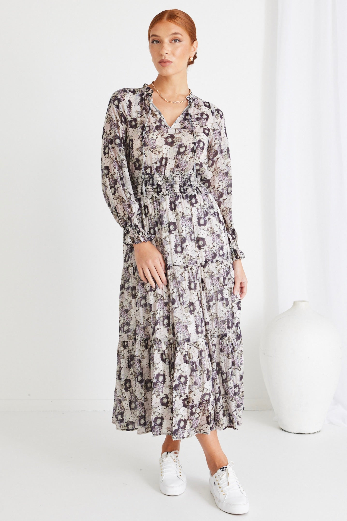 Charlie Lilac Garden Long Sleeve V-Neck Tiered Maxi Dress for Women - Elegant Floral Print Summer Dress for Beach, Wedding & Party
