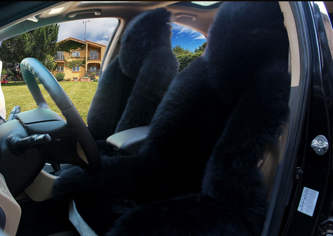 Premium Fluffy Wool Car Seat Covers Set - 4pc Front & Rear Luxury Car Seat Protectors (Black) | Soft & Warm Winter Protection for Sedans, SUVs & Trucks