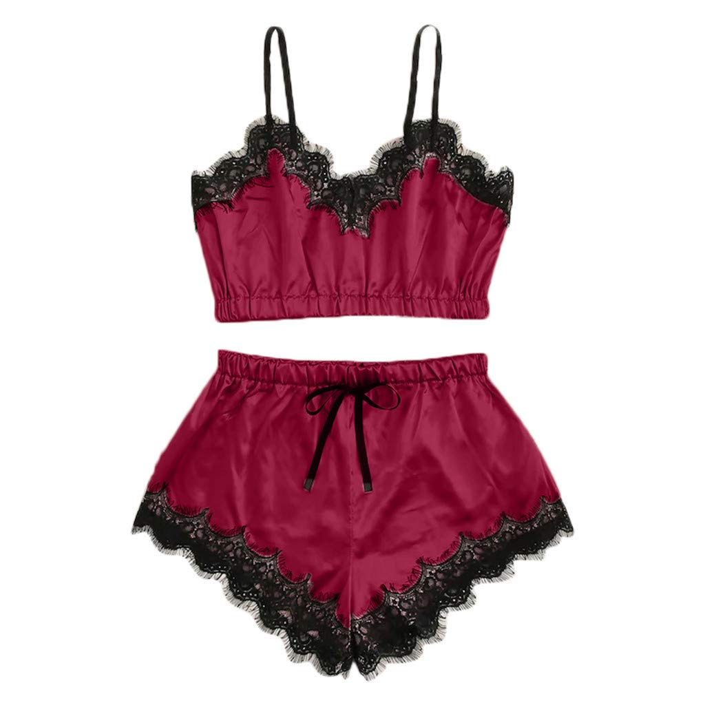 XCeihe Women's Solid Color Lace Patchwork Casual Pajama Set - Comfortable Sleepwear for Home & Lounge - Perfect for Relaxing, Sleeping, and Lounging at Home