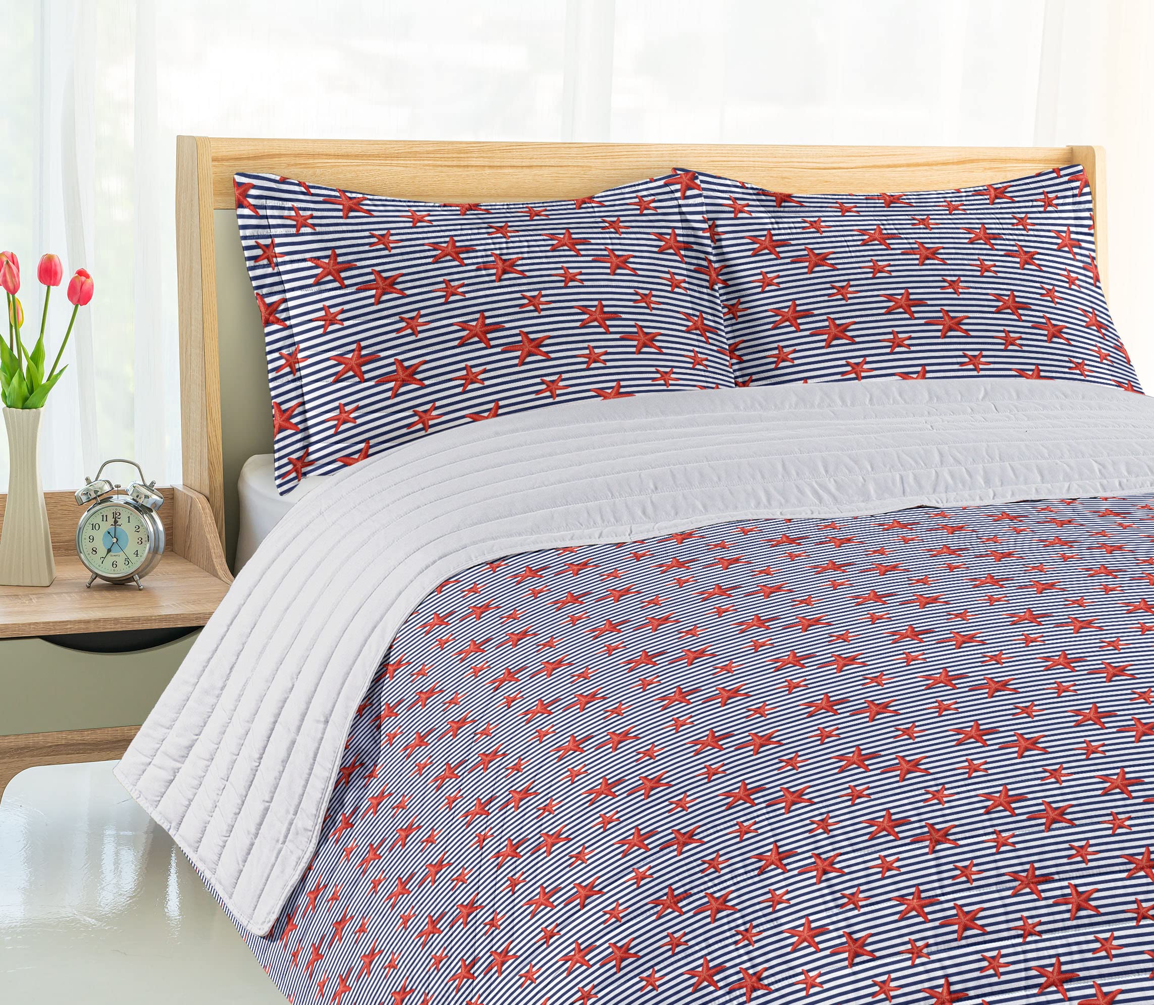 Ambesonne Starfish Microfiber Bedspread Set - Navy White Red Striped Maritime Theme with Pillow Shams & Comforter, King Size | Soft Coastal Bedding for Beach House Decor, Guest Room & Nautical Nursery