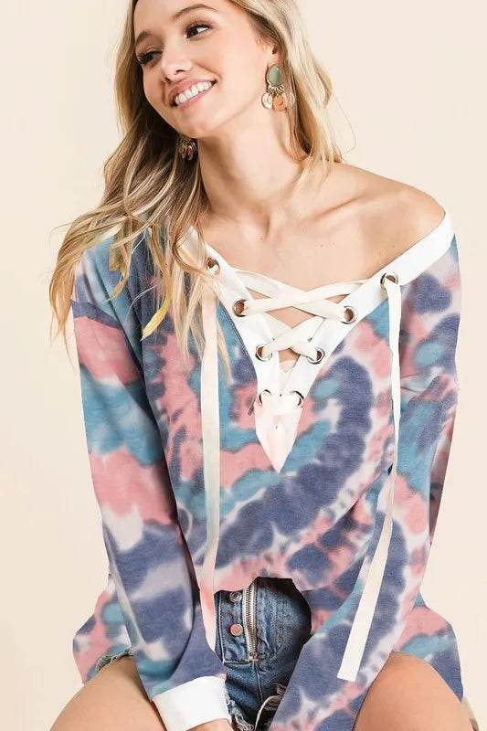 BiBi Tie Dye Deep V Neck Lace-Up Front Women's Tops | Boho Chic Summer Blouse for Beach, Festival & Casual Outfits