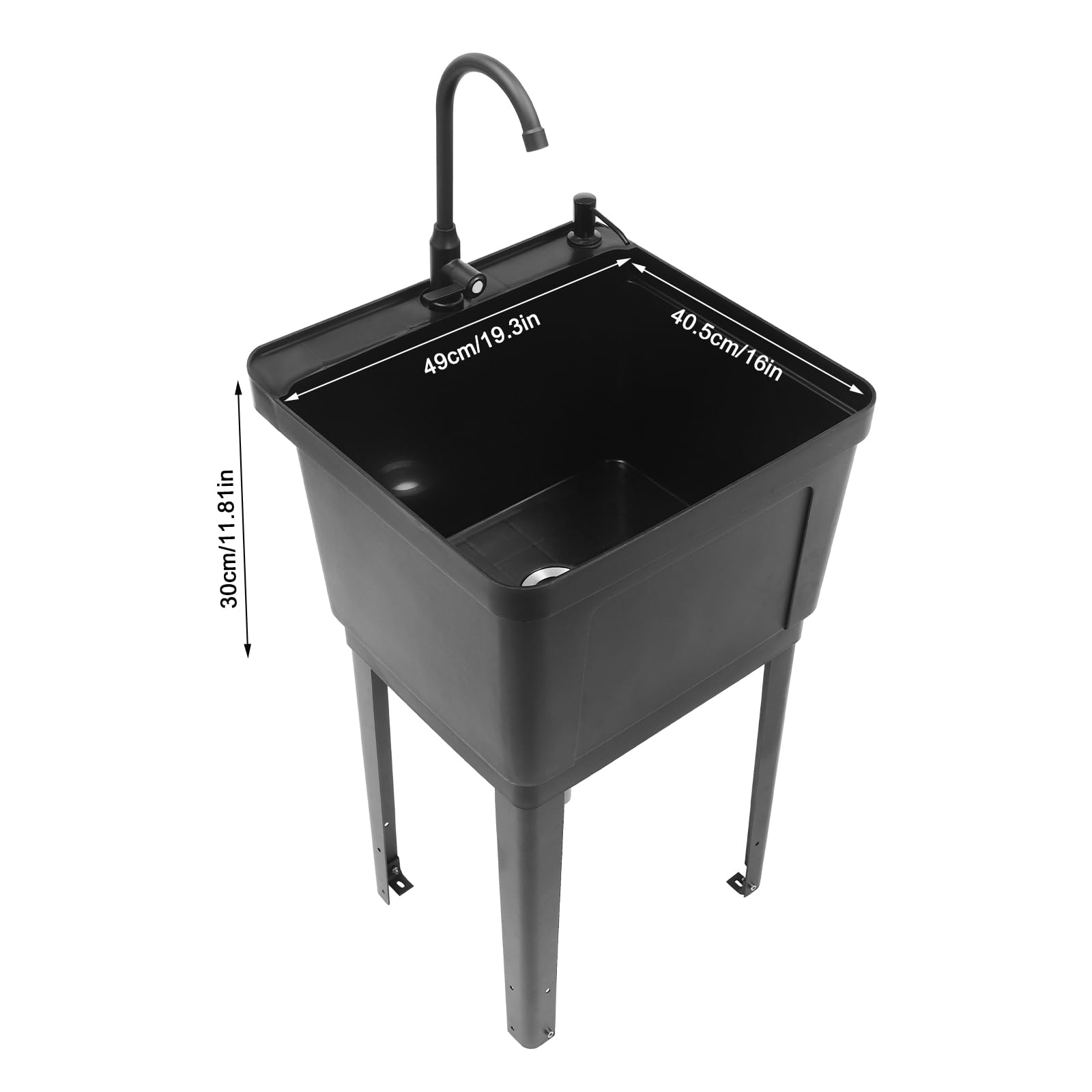 Freestanding Laundry Utility Sink with Faucet & Drain Kit - Heavy Duty Washing Tub for Basement, Garage, Garden & Laundry Room - Durable Black Standalone Sink for Home Cleaning & Outdoor Use