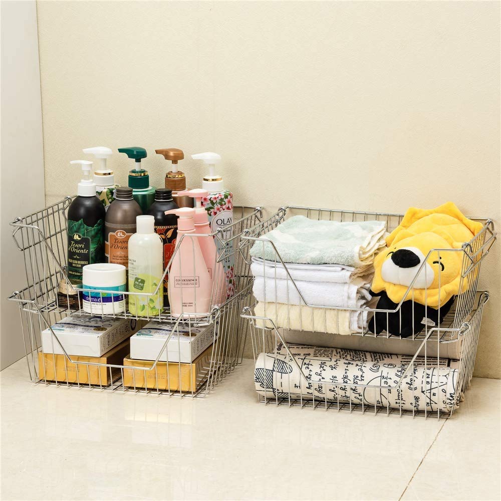 Stackable Chrome Wire Metal Baskets for Pantry, Freezer & Kitchen Organization - 4-Piece Set for Fruits, Vegetables & Food Storage | Perfect for Home, Office & Restaurant Use