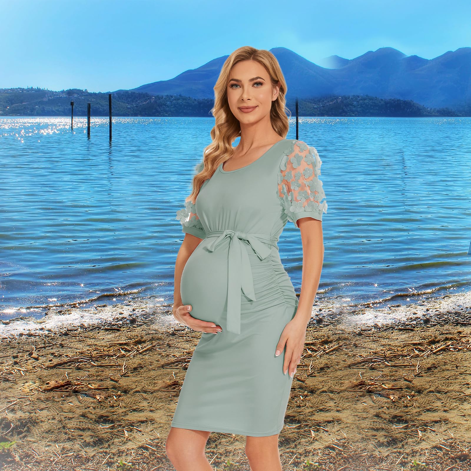 Floral Mesh Bishop Long Sleeve Maternity Midi Dress - Elegant Bodycon Pregnancy Dress for Baby Shower, Maternity Photoshoot & Fall Season | Perfect for Special Occasions, Pregnancy Announcements & Family Gatherings