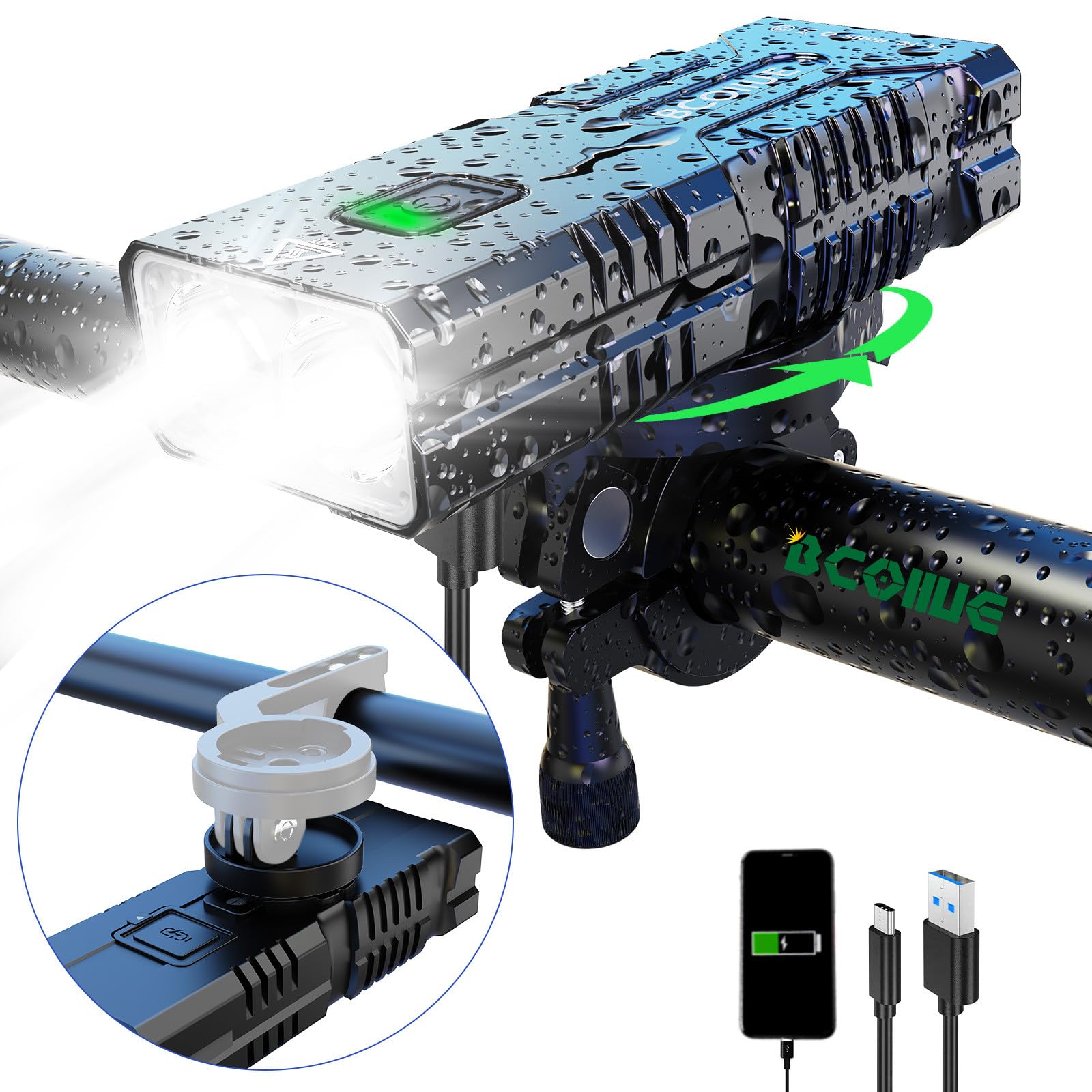 Super Bright 10000 Lumen Rechargeable Bike Headlight & 1200 Lumen Bicycle Tail Light - 3000mAh Battery for Night Cycling, Mountain Biking & Commuting