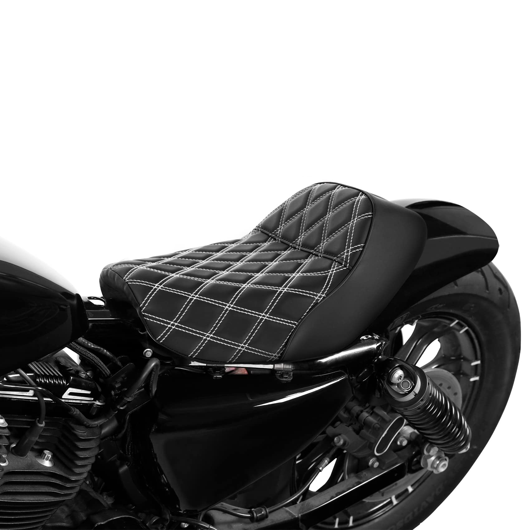C.C. RIDER Solo Seat Spring Bracket for Harley Davidson Sportster Iron 883 & 1200, XL883 & XL1200 (2010-Present) - White Stitching - Perfect for Custom Motorcycle Upgrades and Comfortable Riding