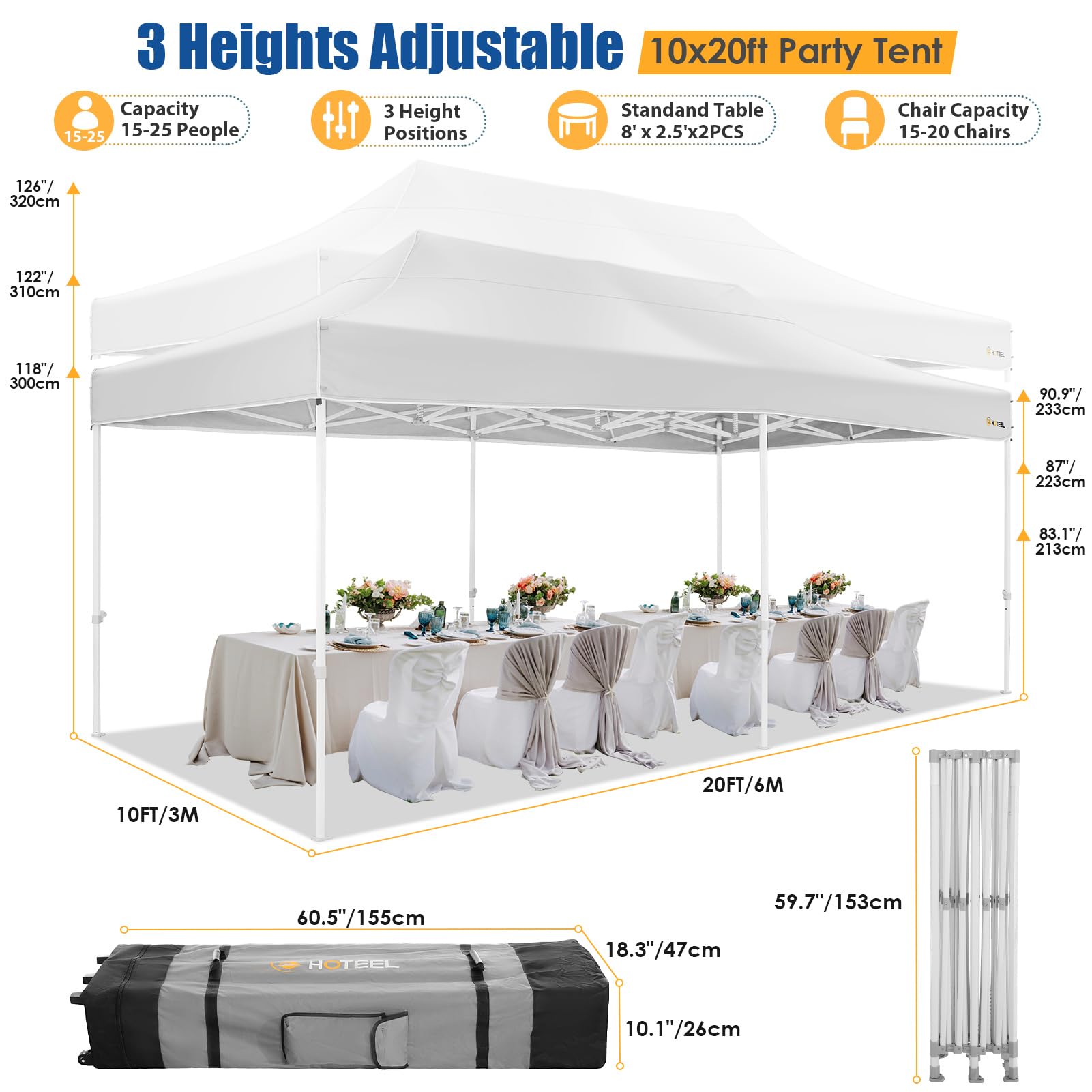 HOTEEL 10x20 FT Heavy Duty Pop Up Canopy Tent with 6 Sidewalls - Easy Setup Instant Gazebo for Outdoor Events, Weddings, Parties - Includes Roller Bag & Sand Bags - White Hexagonal Frame - Perfect for Backyard Gatherings, Farmers Markets, and Beach Outings