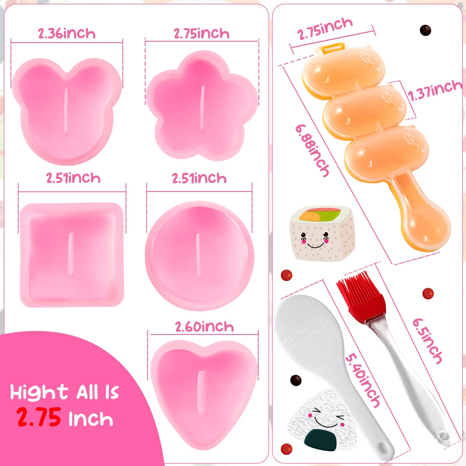 8-Piece Sushi Onigiri Musubi Maker Kit - Rice Ball Mold with Small Paddle & Brush for Perfect Homemade Japanese Snacks (Pink) | Ideal for Bento Boxes, Picnics & Party Food Prep
