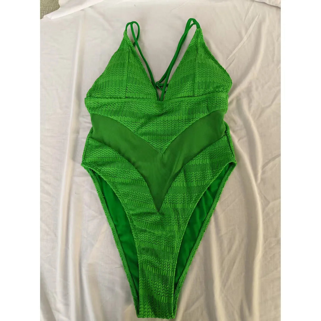XXL V-Neck Mesh Sheer One Piece Swimsuit for Women - High Leg Cut Monokini Bathing Suit in 5 Colors (V6168) | Perfect for Beach Vacations, Pool Parties & Summer Getaways