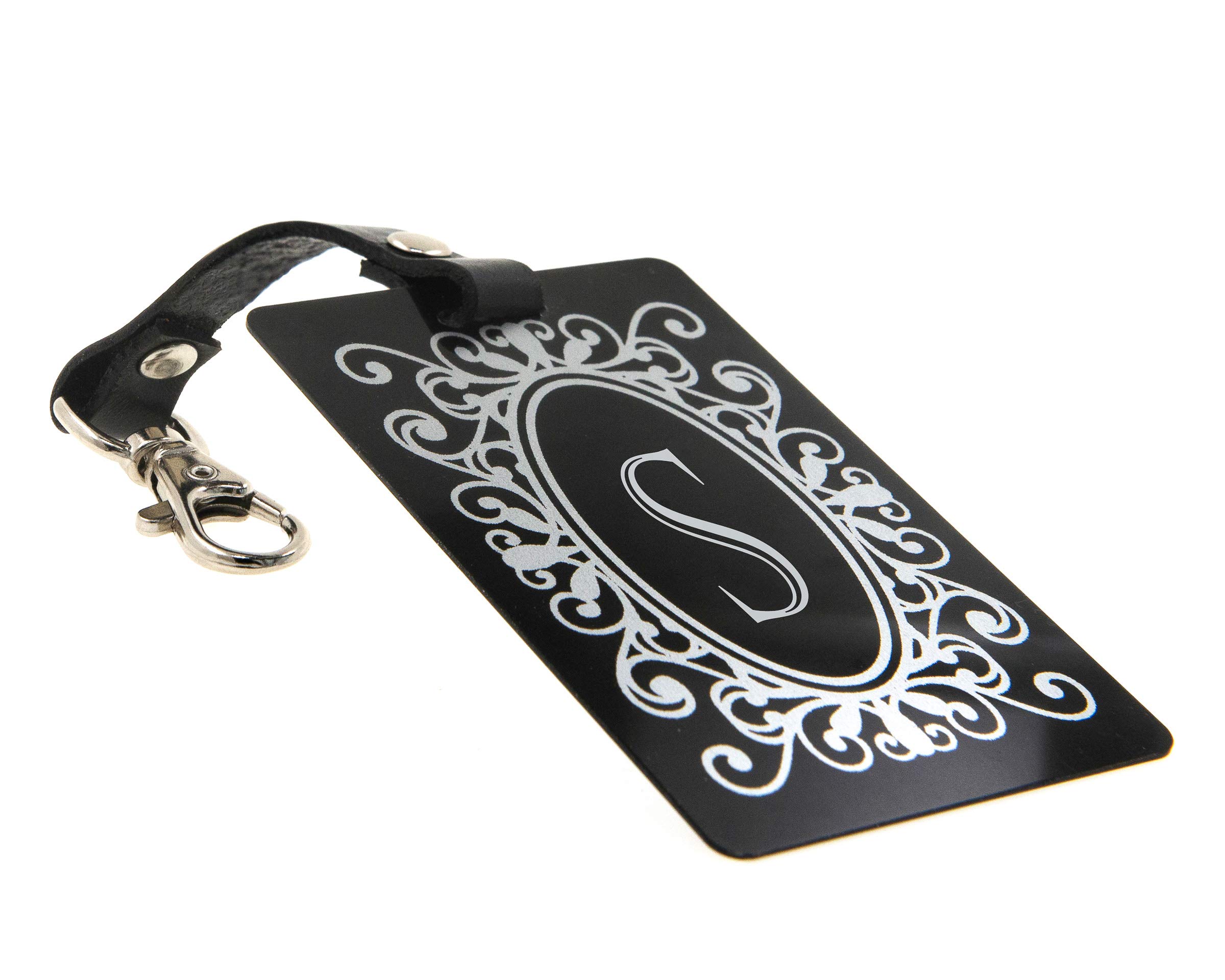 Premium Leather Luggage Tag with Adjustable Strap - Easy Zipper Attachment, Ornate Silver Design (Small) - Perfect for Travel, Suitcases, Backpacks & Carry-On Bags