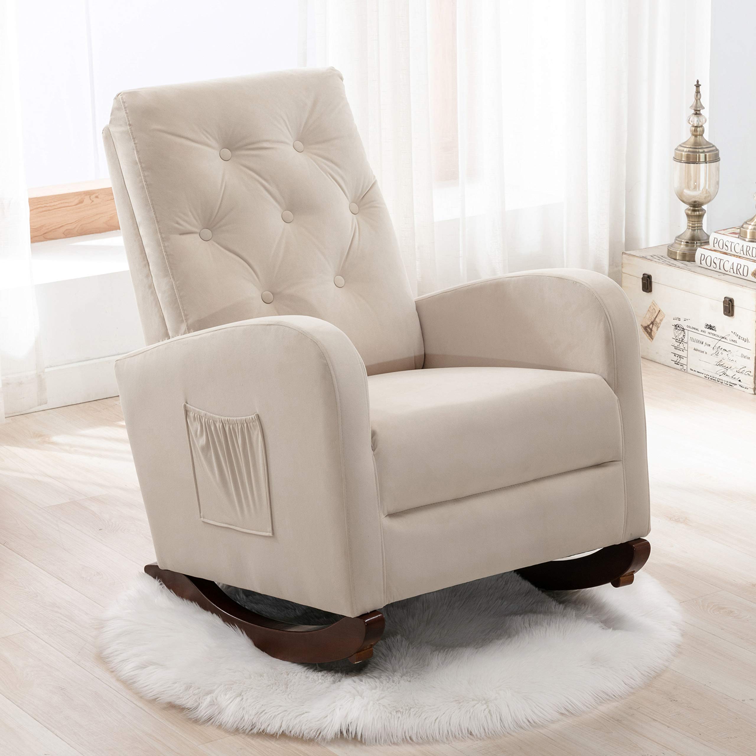 HomVent Baby Nursery Rocking Chair - High Back Comfortable Rocker with Padded Seat, Modern Armchair for Breastfeeding & Relaxing (Beige) | Perfect for Nurseries, Bedrooms & Living Rooms