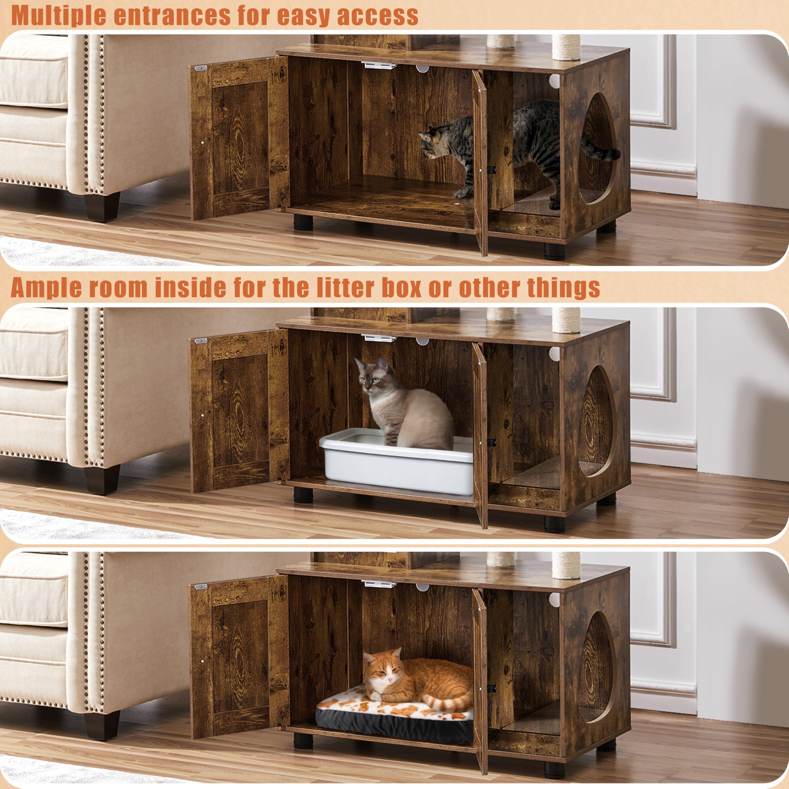 Yaheetech Wooden Cat Litter Box Enclosure with Cat Tree - All-in-One Indoor Kitten House with Scratching Posts, Condo & Platform - Rustic Brown/Beige - Perfect for Small Spaces, Apartments & Multi-Cat Homes