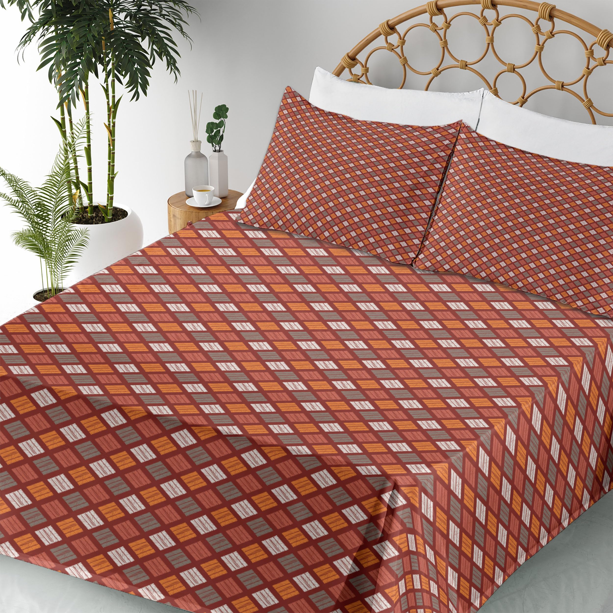 Ambesonne Abstract Geometric Bed Sheet Set - 4 Piece King Size with Fitted Sheet, Flat Sheet & Pillowcases - Warm Maroon Orange Dimgray Traditional Inspired Design - Perfect for Modern Bedrooms, Guest Rooms & Airbnb Styling