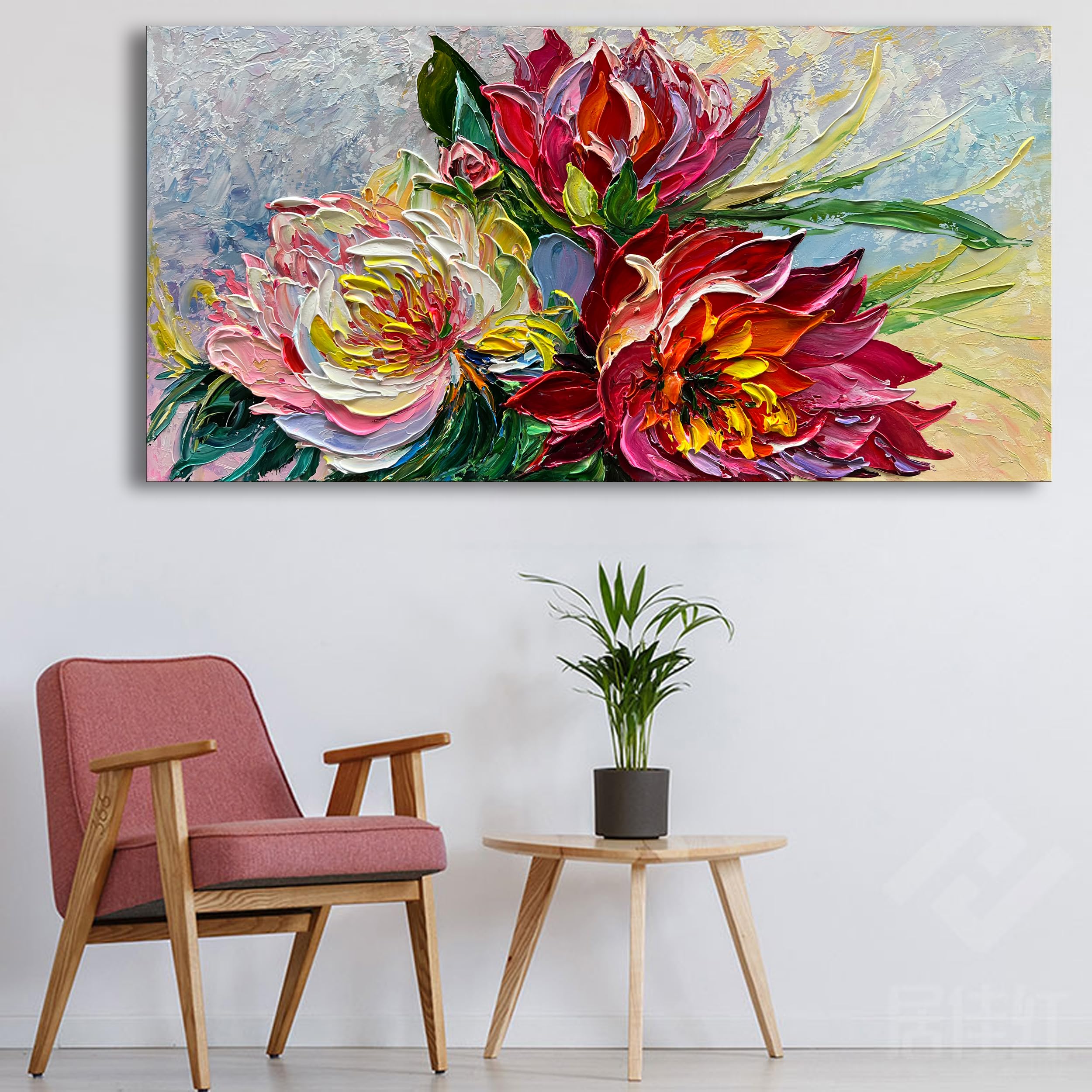 Hand Painted Red Flowers Abstract Oil Painting on Canvas 24x48 Inch - Thick Texture Wall Art Decor for Living Room, Bedroom & Office