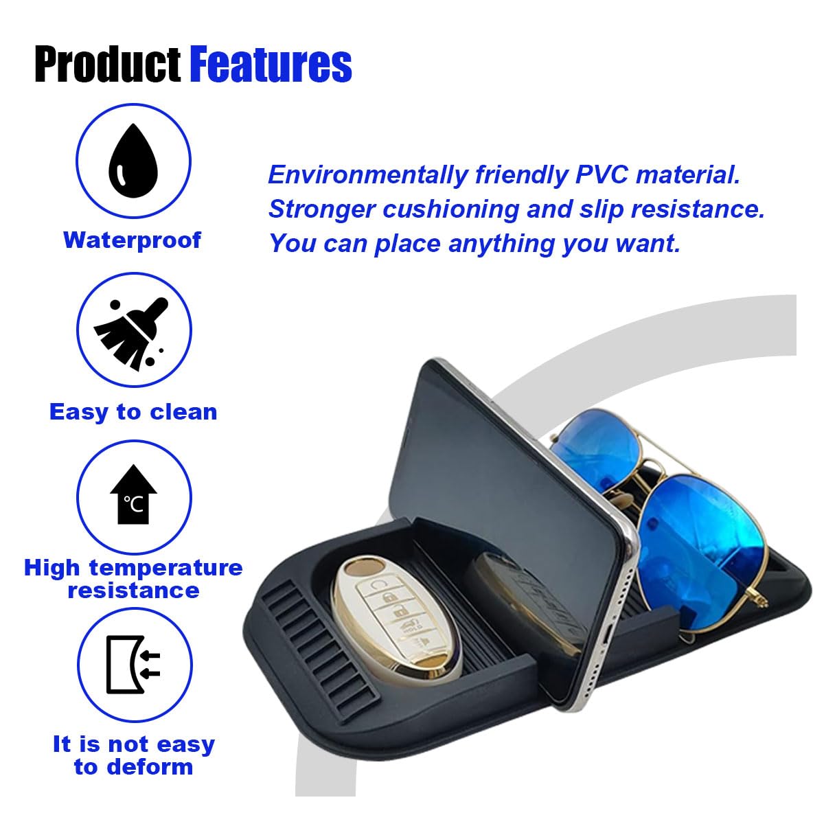 Anti-Slip Car Dashboard Mat with Phone Holder - for Navigation & Sunglasses