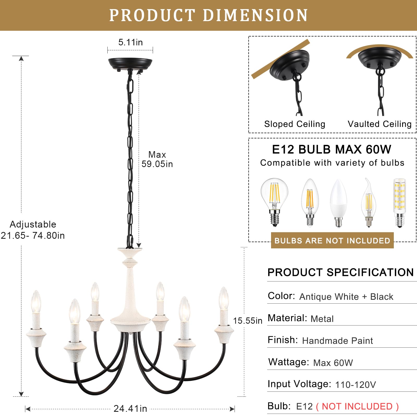 Distressed White & Black 6-Light French Country Farmhouse Chandelier - Rustic Dining Room Lighting Fixture, Industrial Candle Pendant Light for Kitchen, Living Room, Bedroom | Perfect for Farmhouse Decor, Wedding Centerpiece & Cozy Home Ambiance