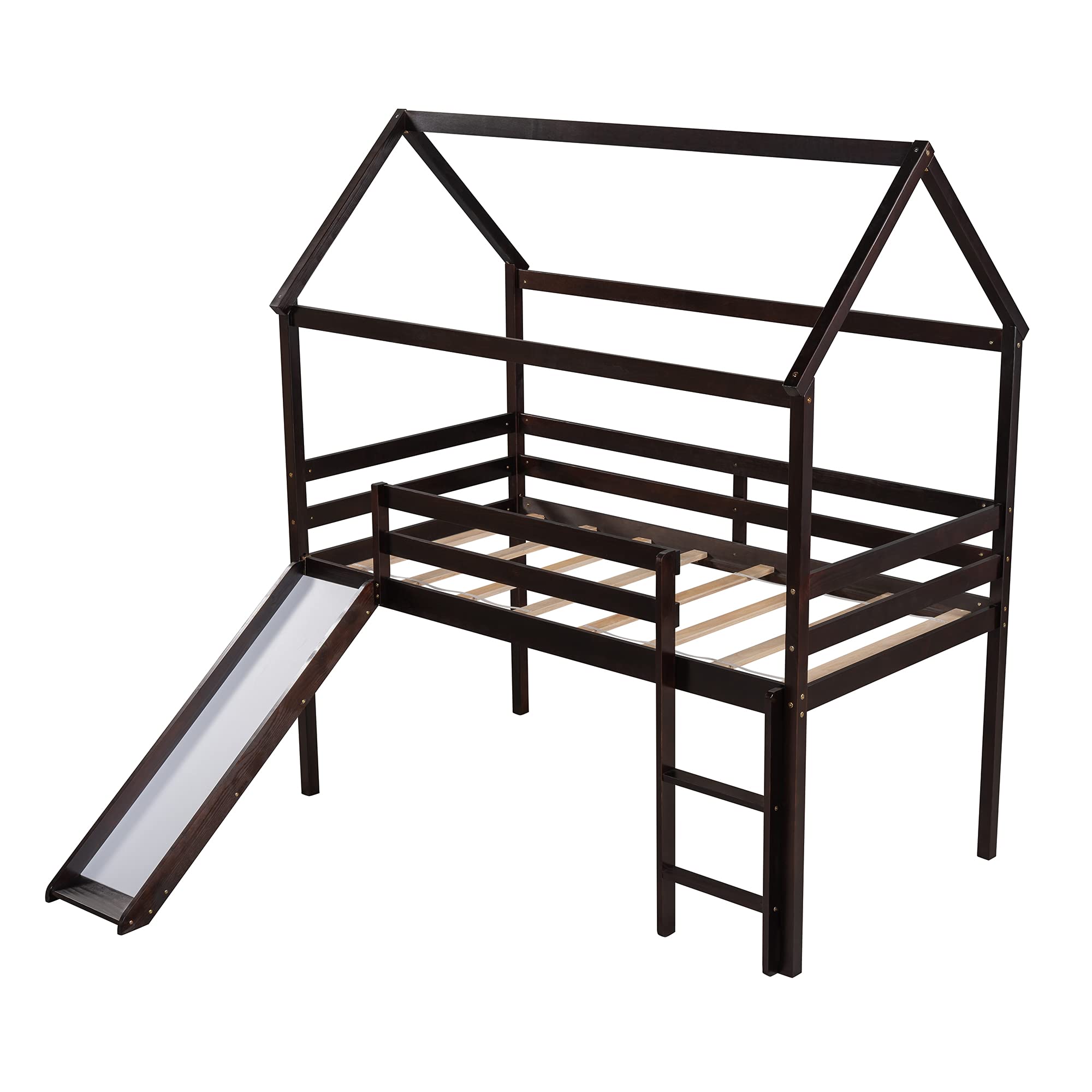 Twin Size Wooden Loft Bed with Slide, Roof & Ladder - Solid Wood House Bed Frame for Kids & Teens - No Box Spring Needed (Espresso) - Perfect for Small Bedrooms, Playrooms & Kids' Sleepovers