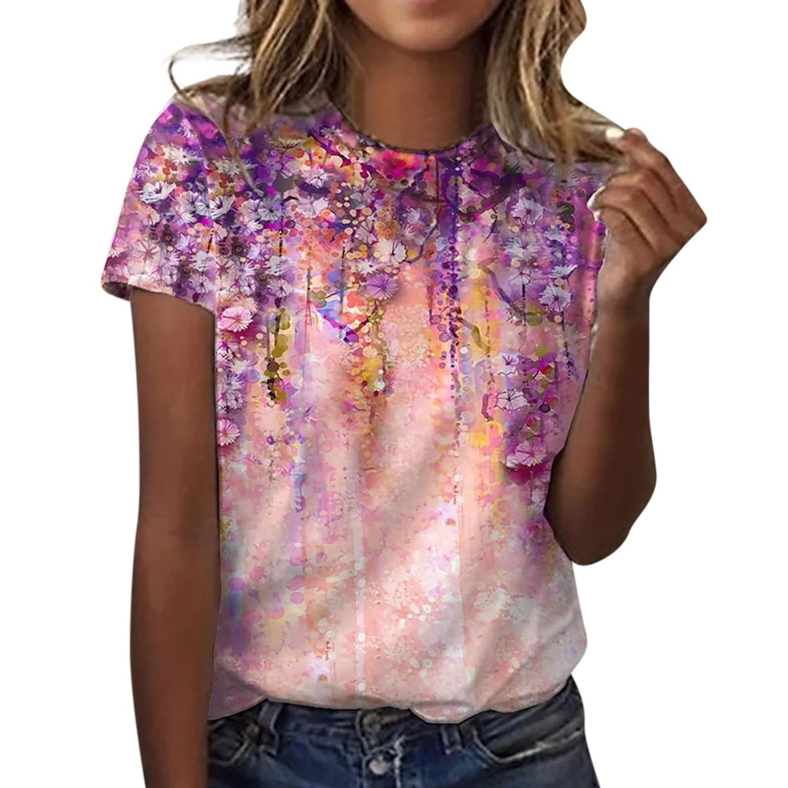 Women's Summer T-Shirts with Pocket - Casual Fashion Printed Short Sleeve Blouse, Round Neck Loose Fit Tee for Everyday Wear & Outdoor Activities