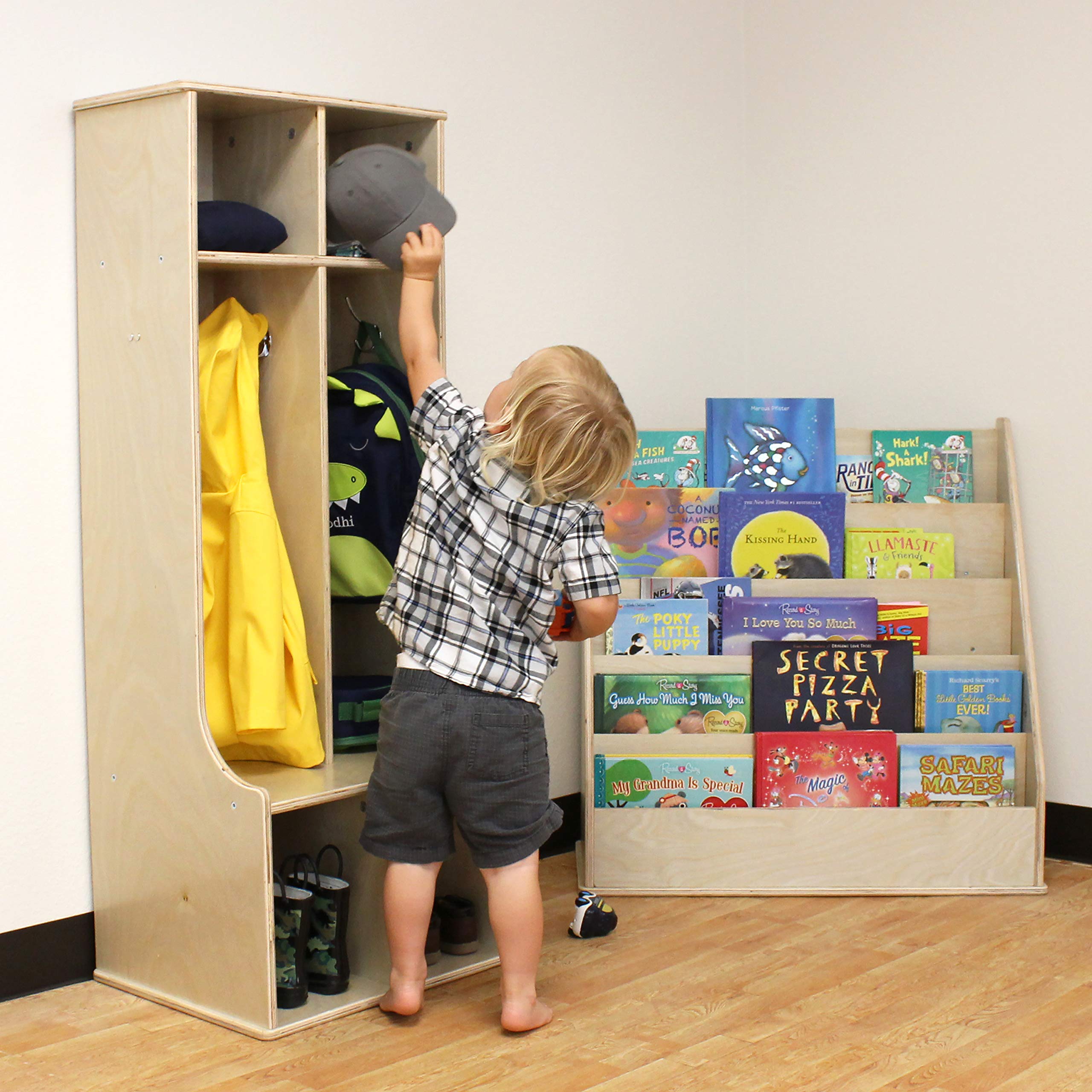Factory Direct Partners 13138-NT Natural Birch 2-Section Coat Locker with Bench, Storage Cubbies & Hooks - School, Office, Gym Entryway Organization Solution