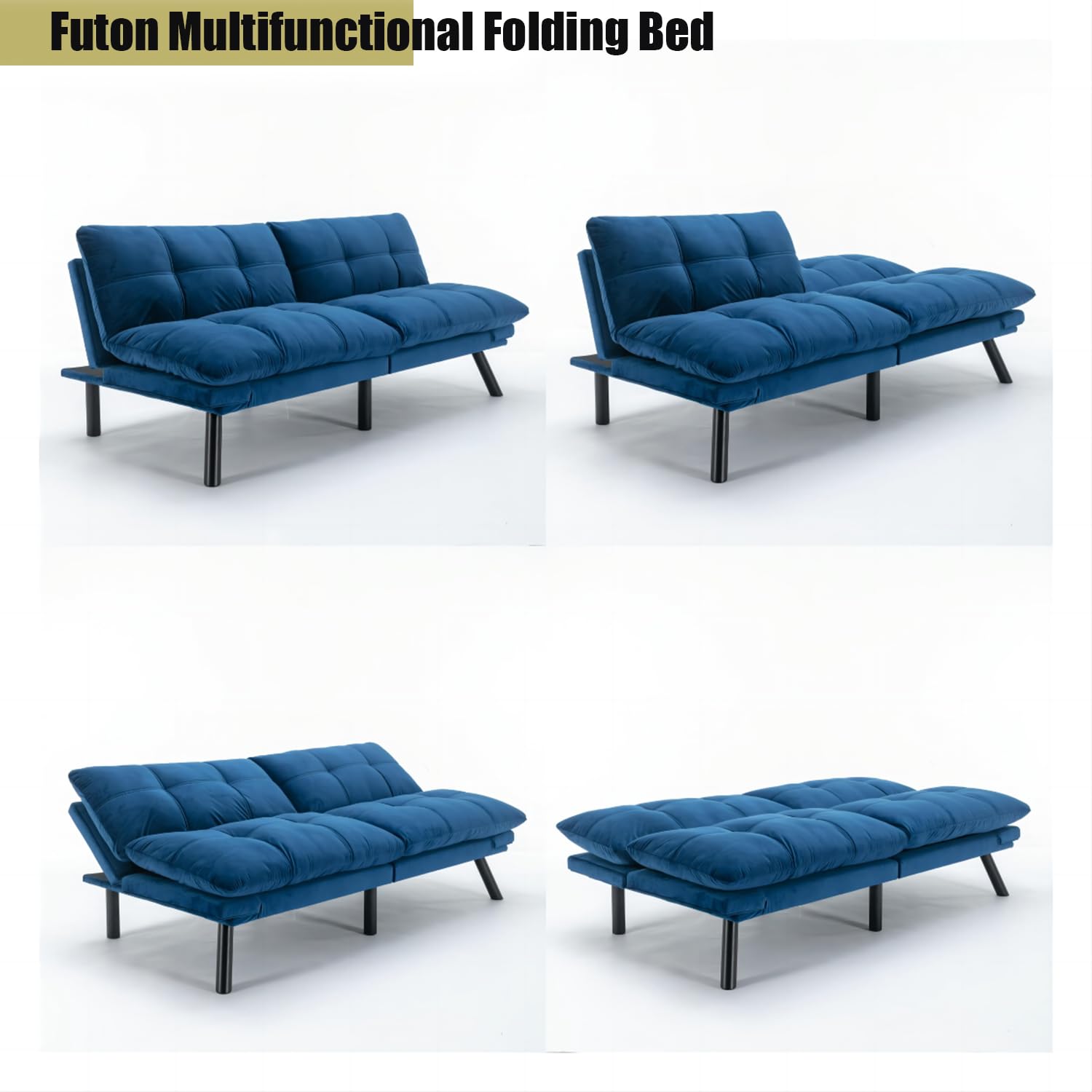 Convertible Futon Sofa Bed - Foldable Breathable Small Couch for Compact Living Spaces, Studio Apartments, Dorms & Offices | Perfect for Living Room, Bedroom or Guest Room (White/Blue)
