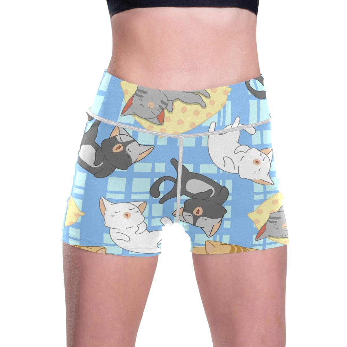 High Waist Yoga Shorts for Women - Cute Cats Sleeping Athletic Workout Shorts | Perfect for Yoga, Running, Gym & Lounge Wear