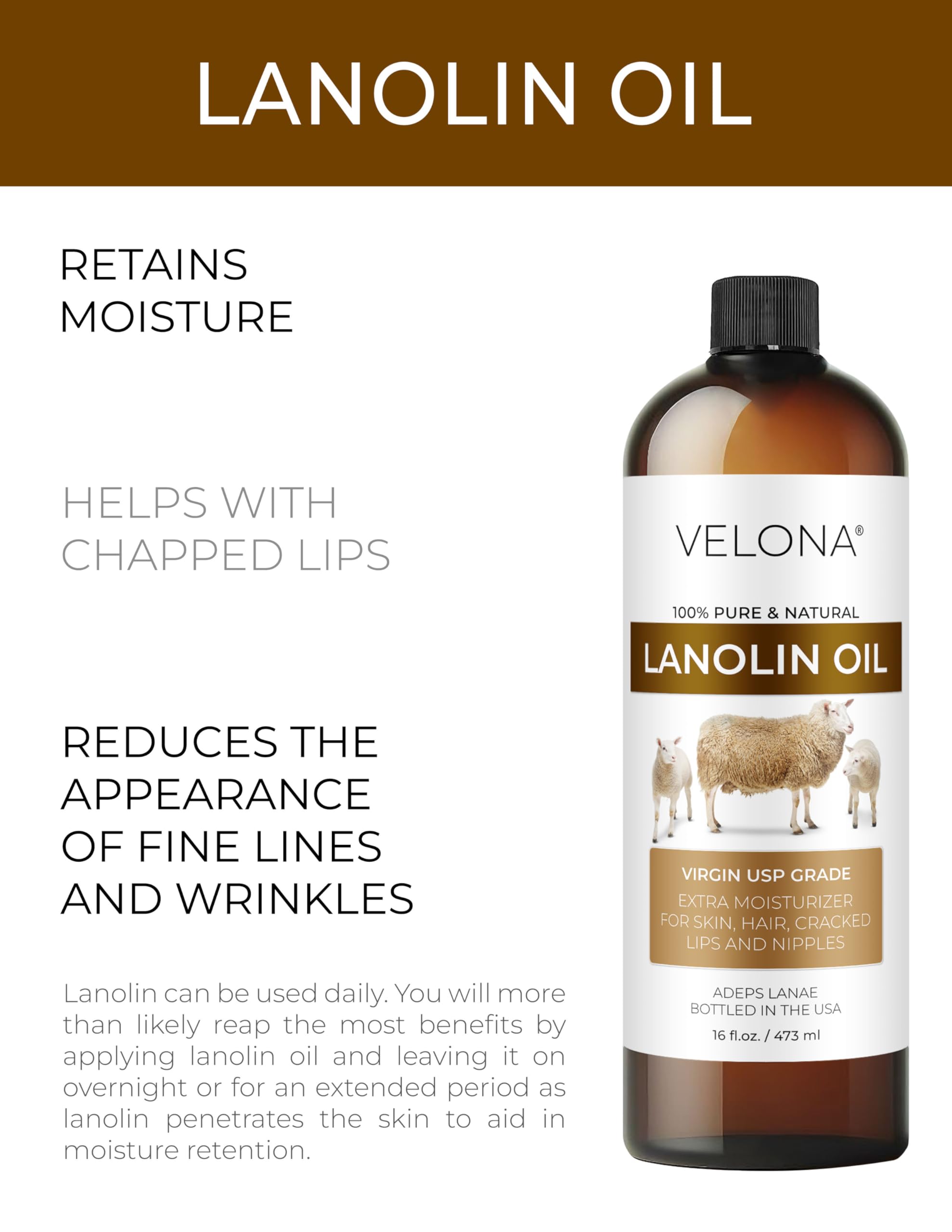 Velona Lanolin Oil USP Grade 16 fl oz - 100% Pure Natural Refined Cold Pressed Carrier Oil for Skin, Hair, Body & Face Moisturizer - Perfect for Dry Skin Care, DIY Beauty Products & Massage Therapy