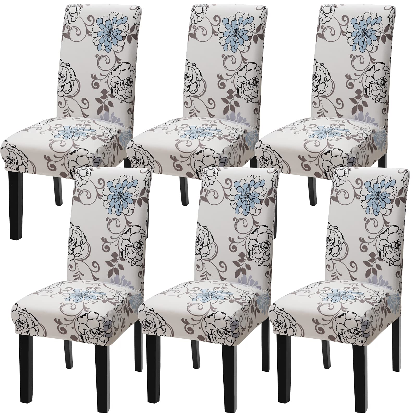 Stretch Spandex Dining Chair Covers - Washable & Removable Parson Chair Slipcovers for Kitchen, Dining Room & Office - Set of 6 (Beige/Blue) | Protect & Decorate Your Chairs with Easy-Clean Fabric Covers