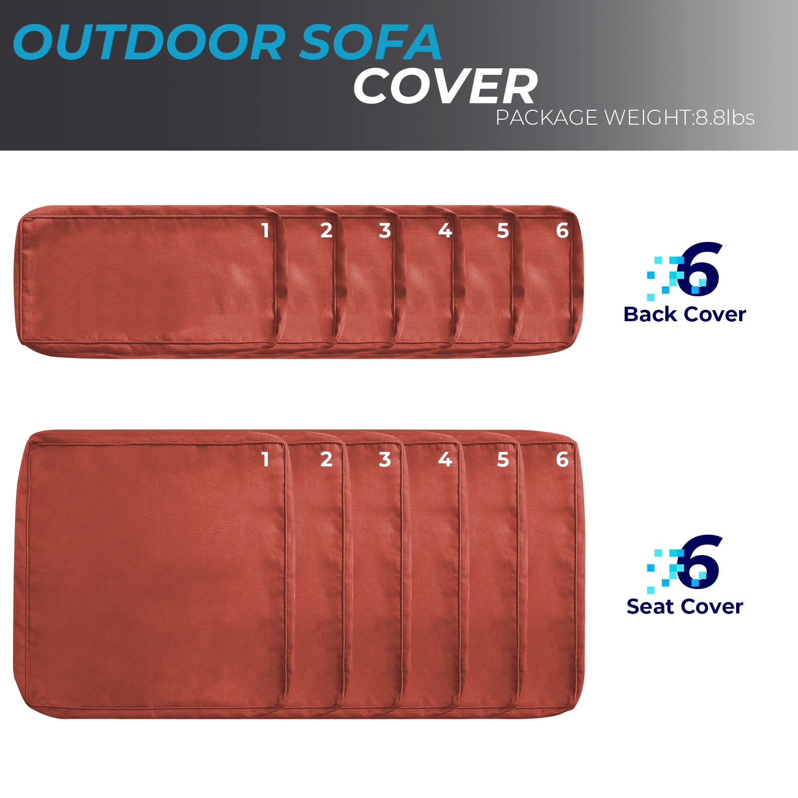 12-Piece Outdoor Patio Cushion Covers Set - Waterproof Replacement Slipcovers (6 Seat + 6 Back) with Zipper for Patio Furniture, Sofa, Sectional - Durable UV-Resistant Fabric - Orange - Perfect for Backyard, Deck, Poolside & Outdoor Living Spaces