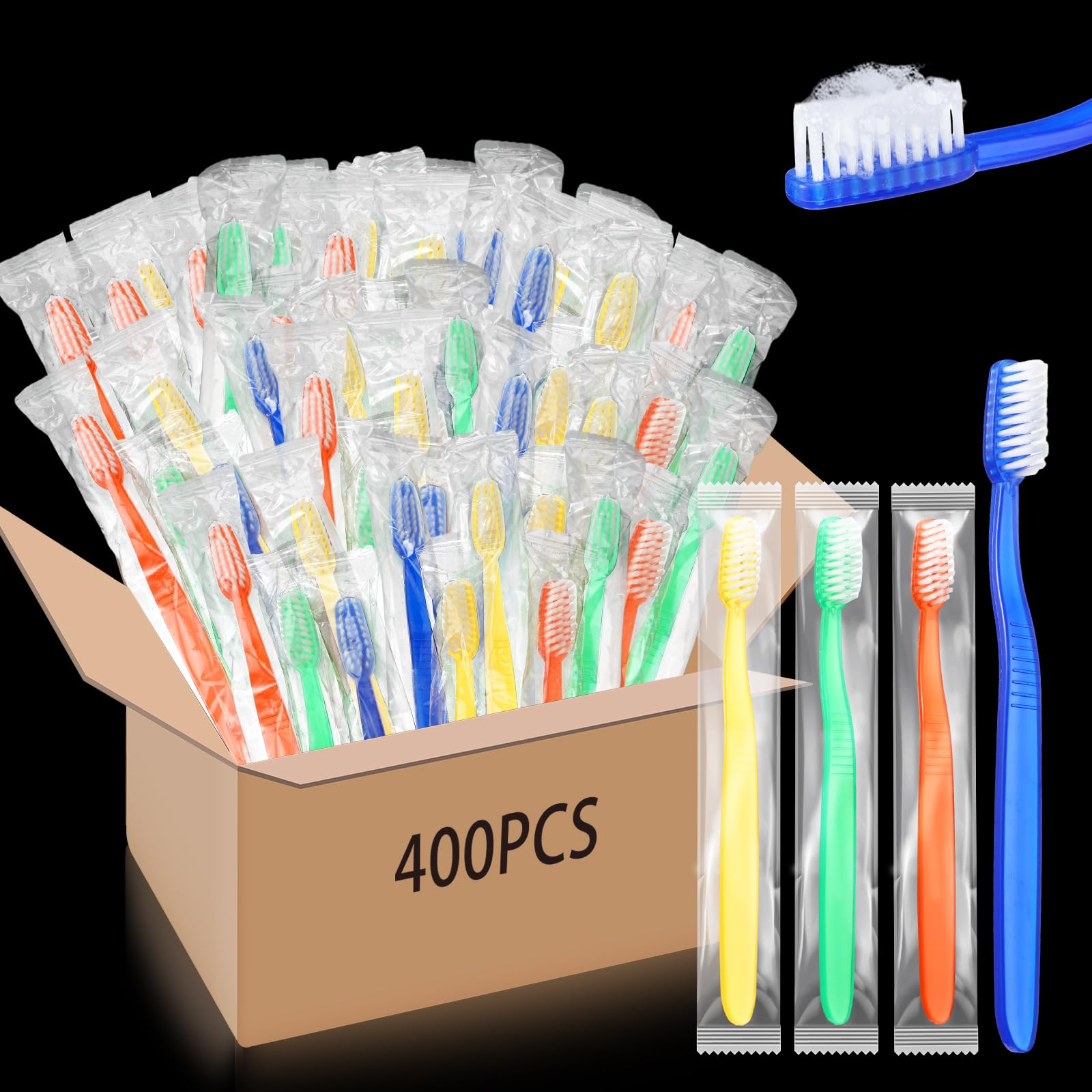 400 Pcs Disposable Toothbrushes Bulk - Individually Wrapped Pre-Pasted Soft Bristle Toothbrushes for Travel, Hotels, Camping, Homeless Shelters & Emergency Kits | Portable Oral Care Solution for On-the-Go Hygiene