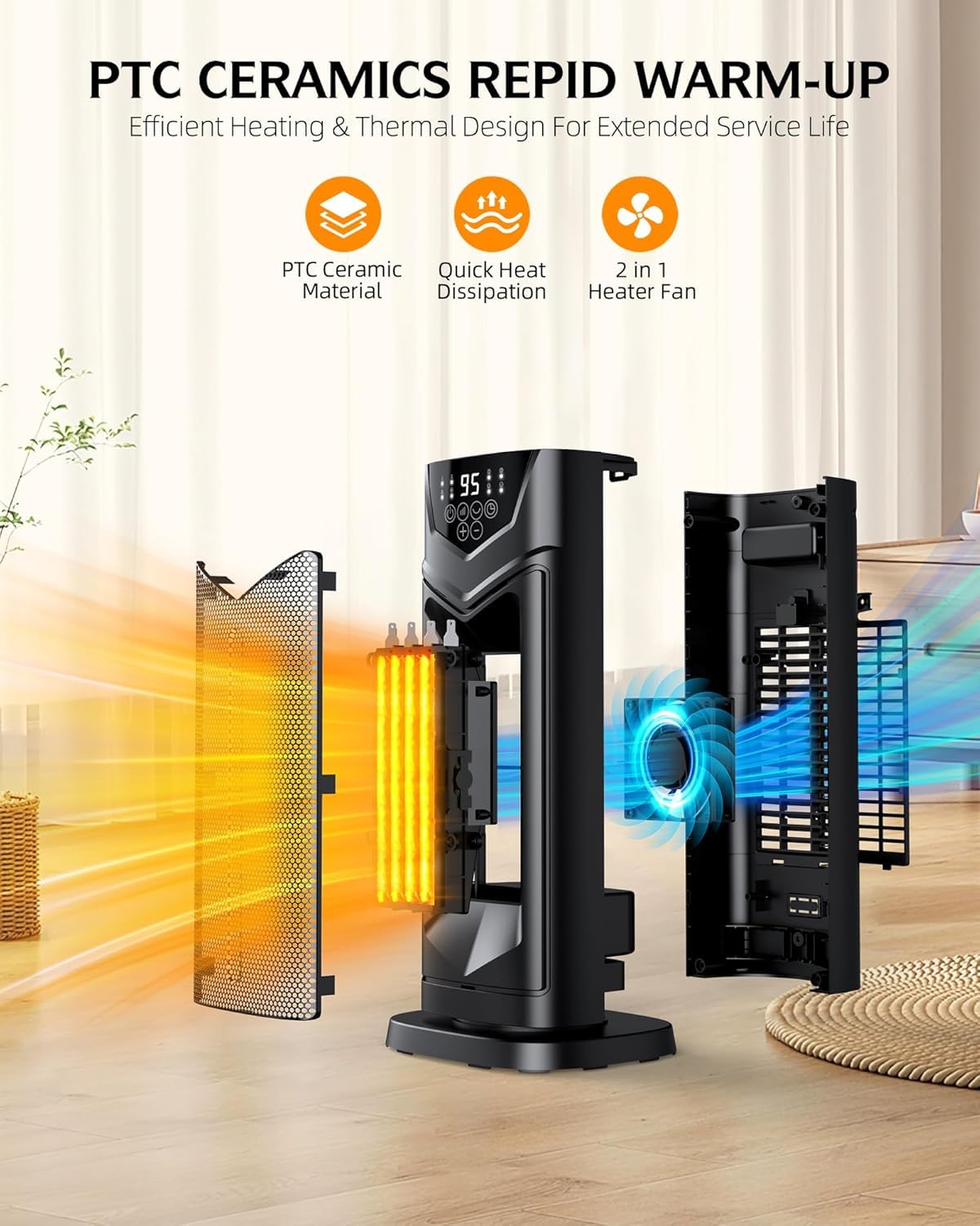 DUEDE 1500W PTC Ceramic Space Heater with Thermostat - 4 Fan Modes, 12H Timer & Remote Control - Fast Heating & Safe Portable Electric Heater for Bedroom, Office, Living Room - Perfect for Winter Home & Workspace Comfort