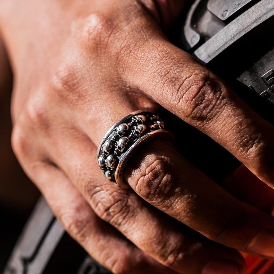 Double Skull Sterling Silver Men's Spin Ring - Gothic Punk Jewelry for Men, Adjustable Spinner Ring for Stress Relief & Fashion Accessories