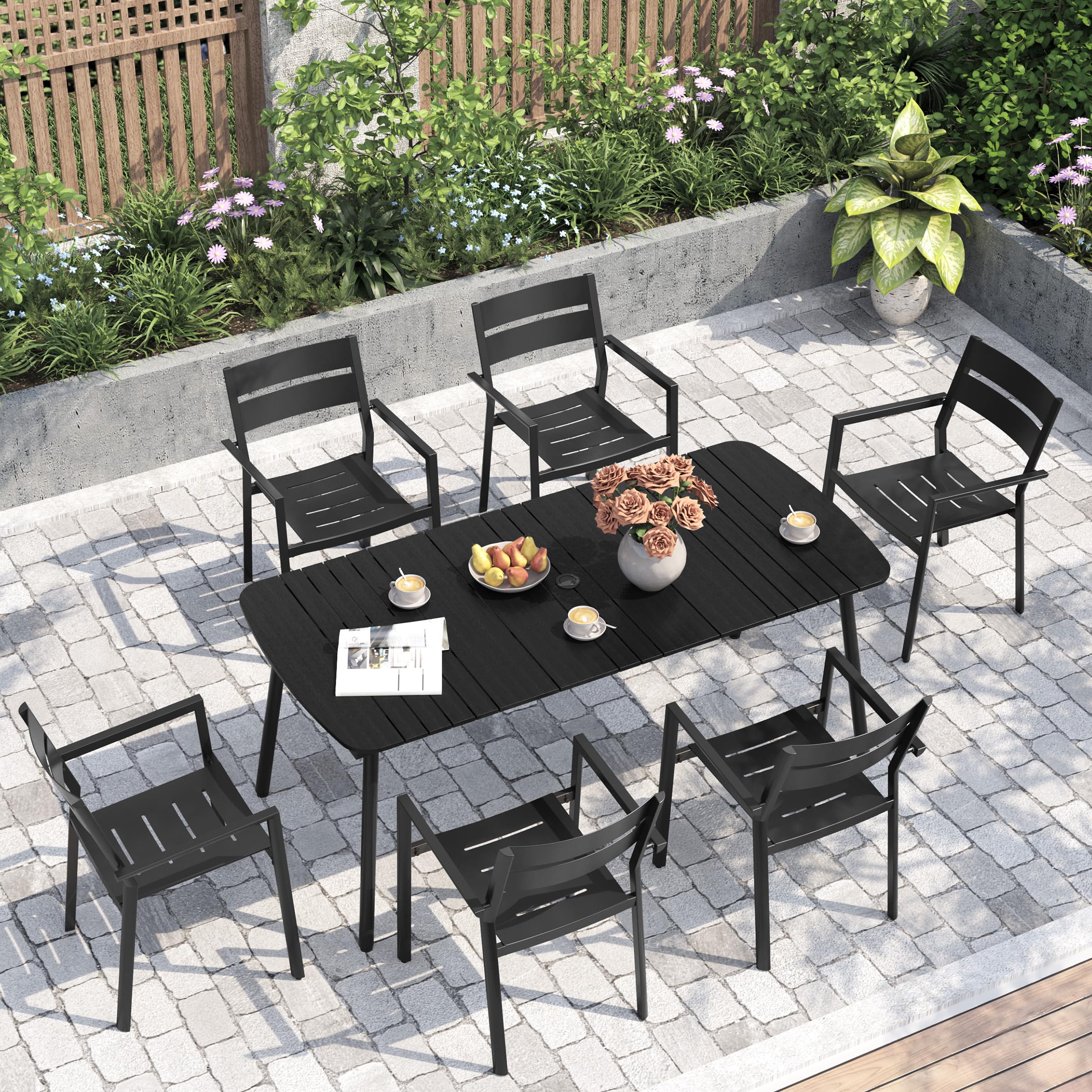 Crestlive 70-Inch Rectangle Outdoor Dining Table for 6 - Weather-Resistant Aluminum Frame & Wood-Like Tabletop with Umbrella Hole - Perfect for Patio, Garden, Lawn, Backyard & Outdoor Entertaining