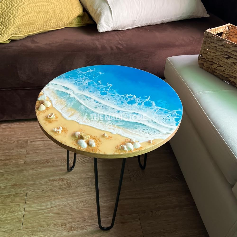 Epoxy Resin Coffee Table - 30 Inch Blue Ocean Themed End Table with Metal Legs for Beach House, Living Room, or Bedroom Nightstand - Perfect for Coastal Decor & Home Styling