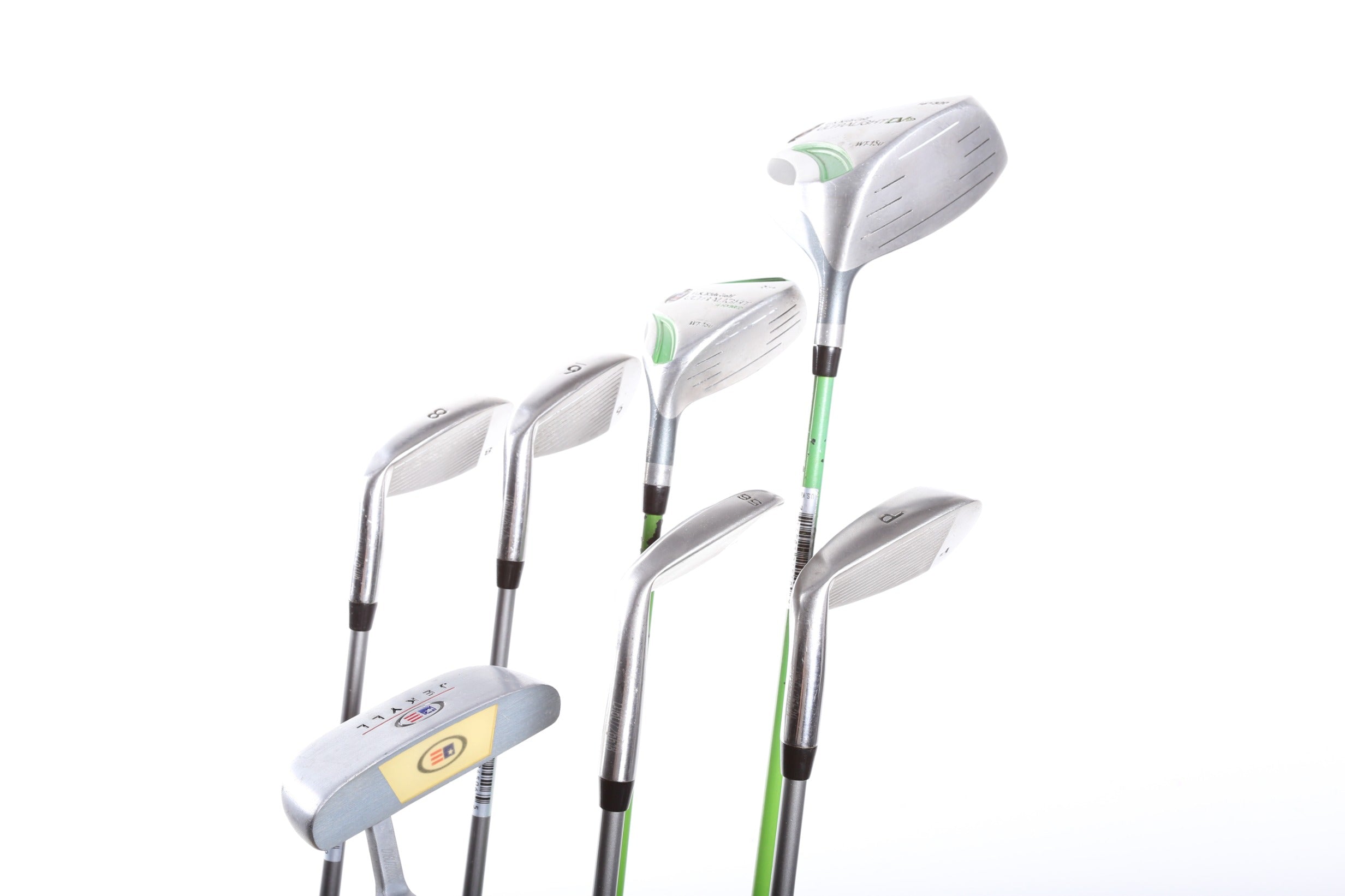 US Kids Golf U/L 57 Black/White/Grey Right-Handed Driver, Hybrid, 6 Iron, 8 Iron, Pitching Wedge, Sand Wedge, Putter Complete Golf Set for Junior Players - Perfect for Beginners and Youth Golf Training on Driving Range or Course