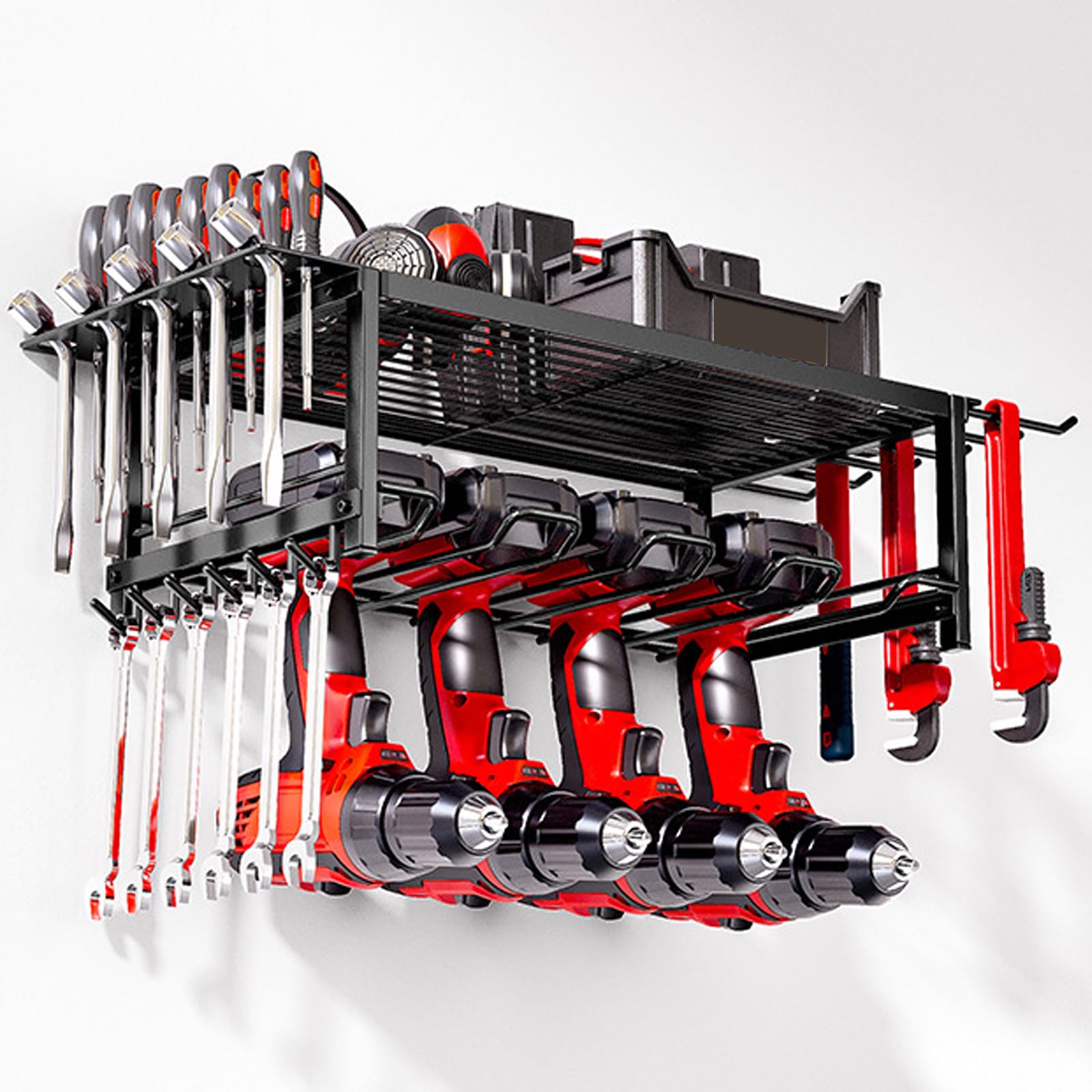 2 Layer Heavy Duty Wall Mount Tool Organizer - Power Tools & Hand Tools Storage Shelf for Garage, Workshop - Perfect for Organizing Drills, Saws, and Hardware Accessories