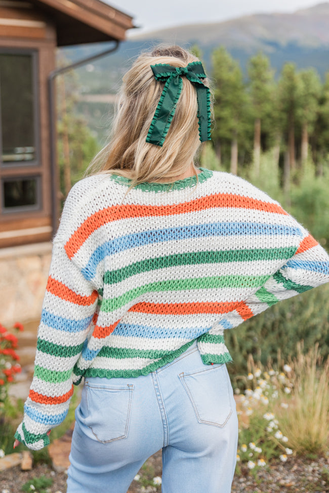 Stylish Green Multi-Stripe Sweater for Women | Cozy Knit Pullover | Perfect for Casual Outings & Fall Layering